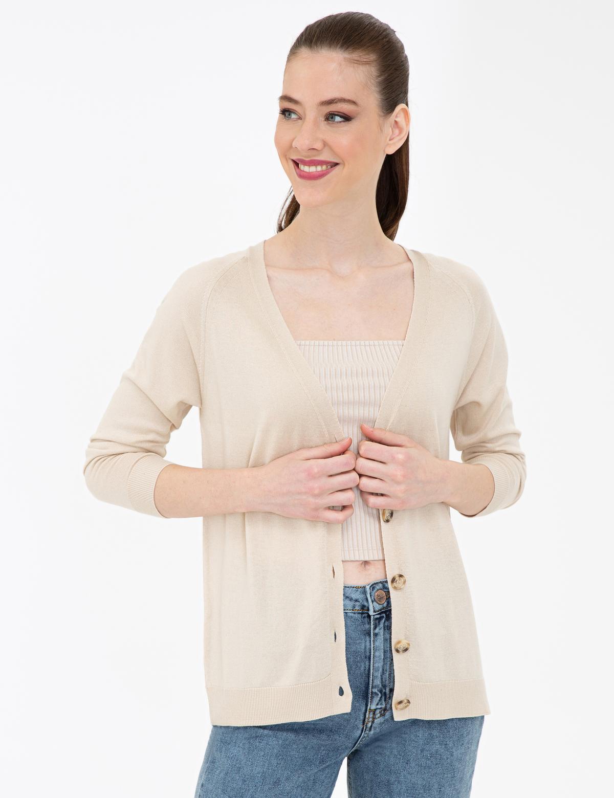 Bej Ekstra Slim Fit Triko Bluz