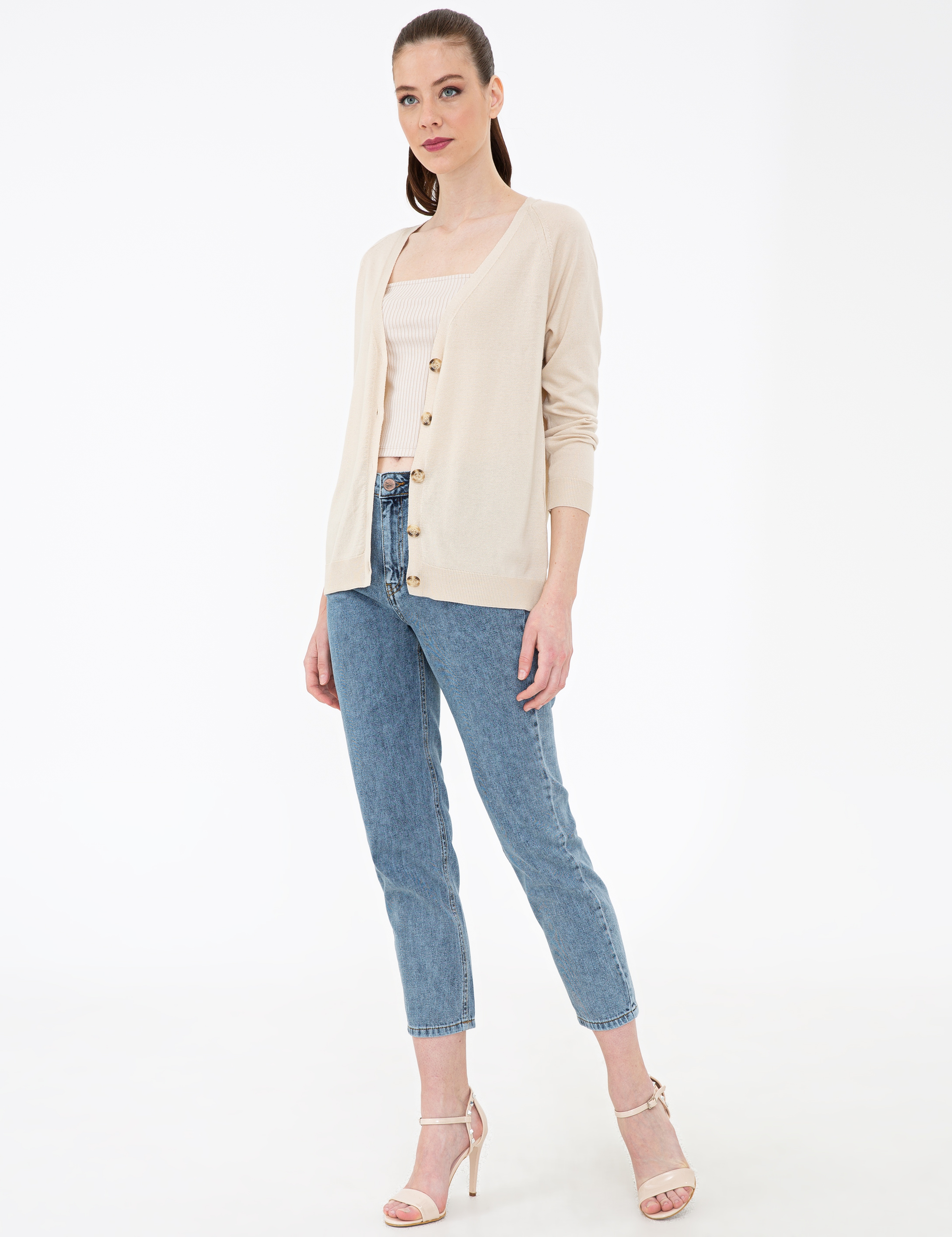 Bej Ekstra Slim Fit Triko Bluz - Image 6