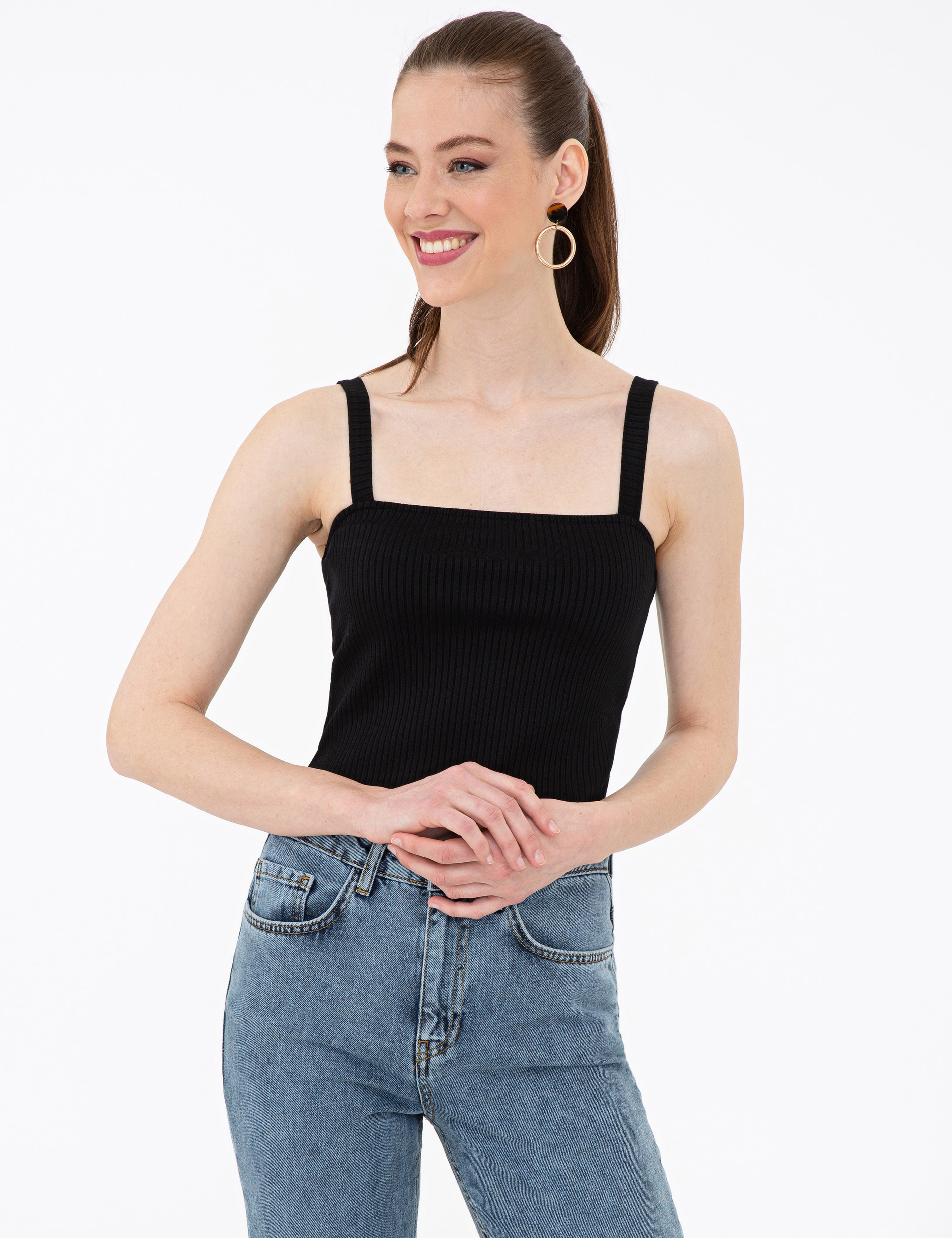 Siyah Ekstra Slim Fit Triko Bluz - Image 2
