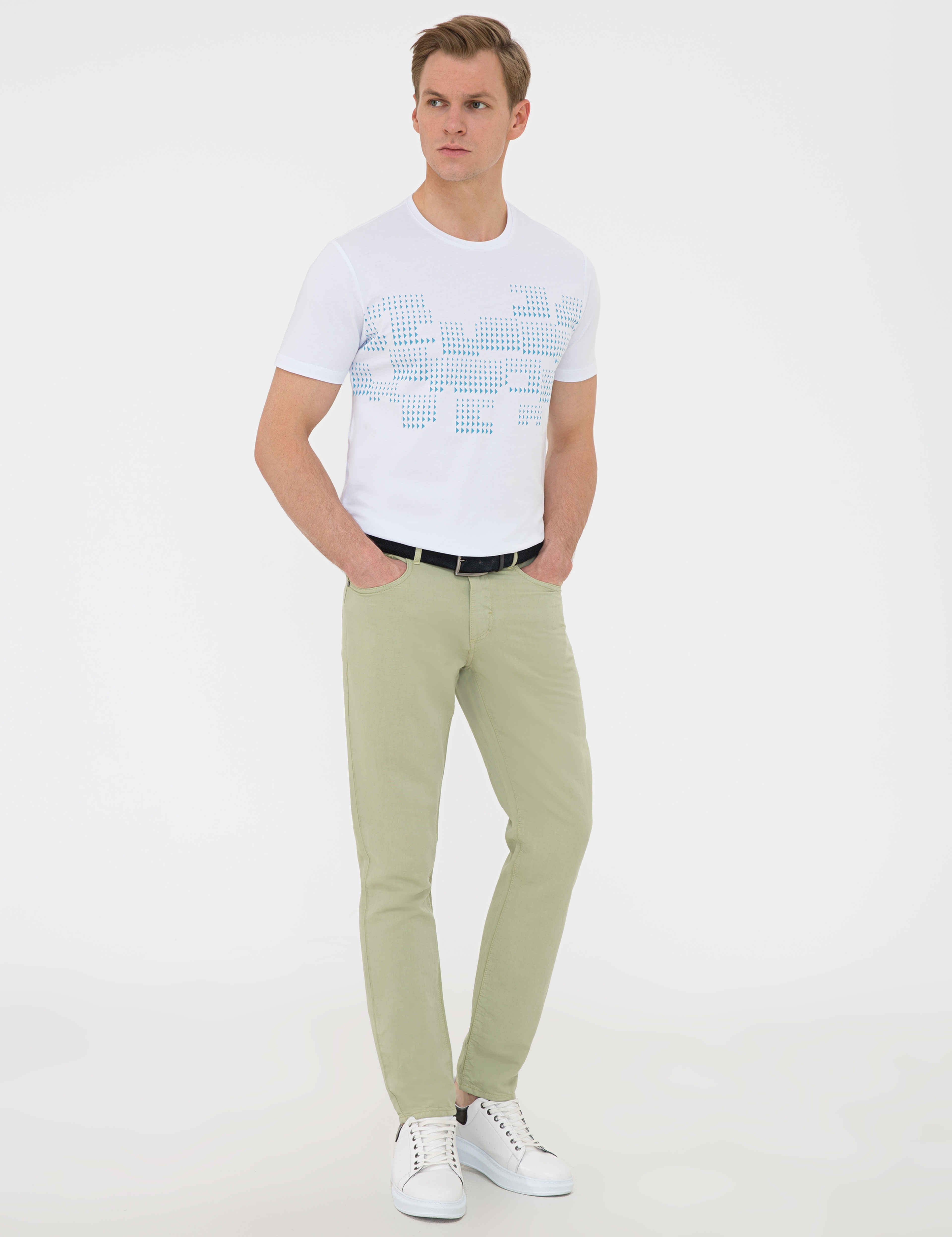 Açık Yeşil Slim Fit Keten Karışımlı Kanvas Pantolon - Image 1