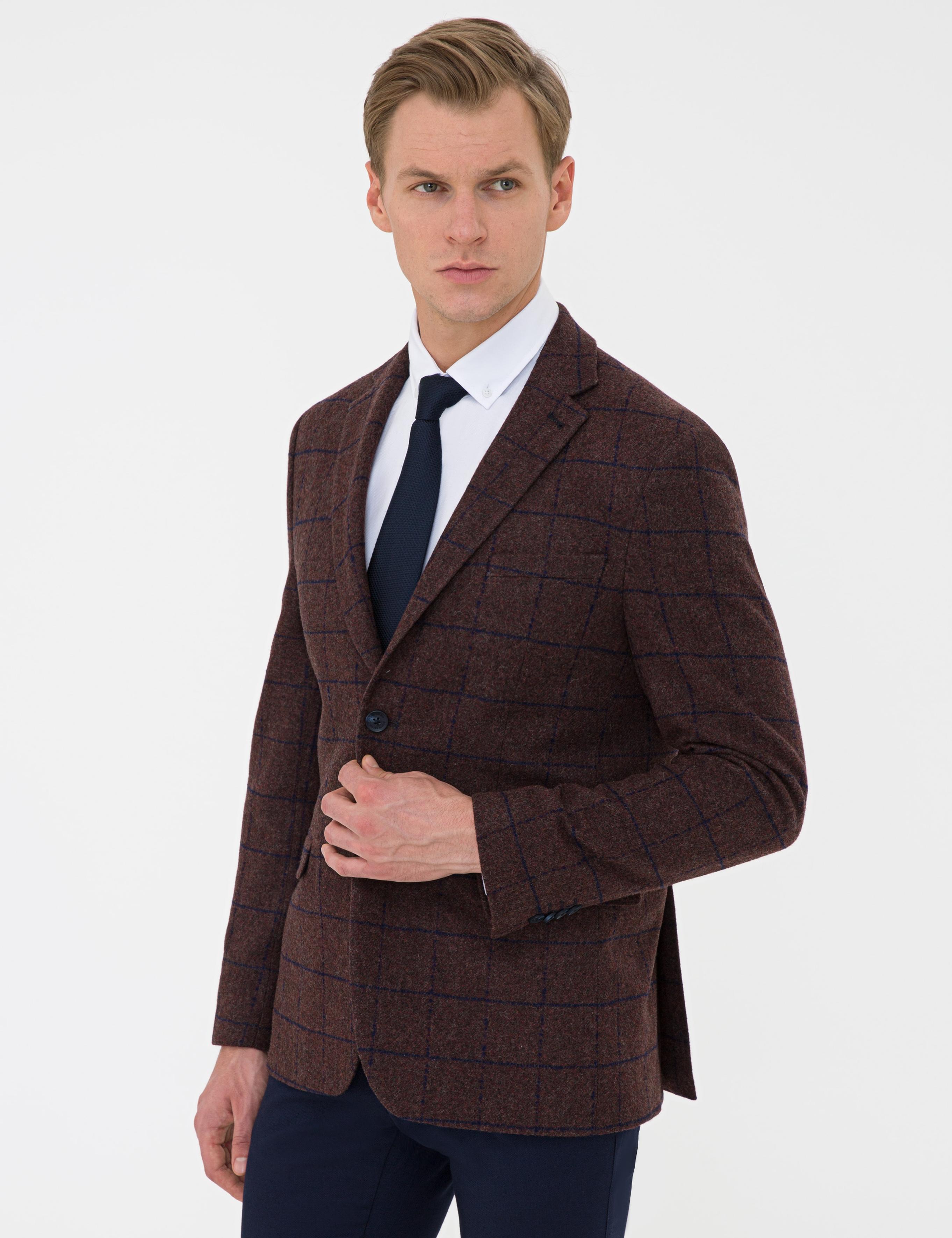 Ekose Bordo Slim Fit Ceket