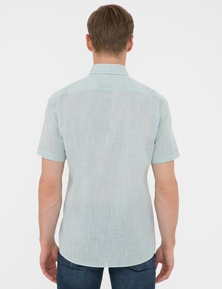 Yeşil Regular Fit Keten Görünümlü Kısa Kollu Gömlek - 50240388010
