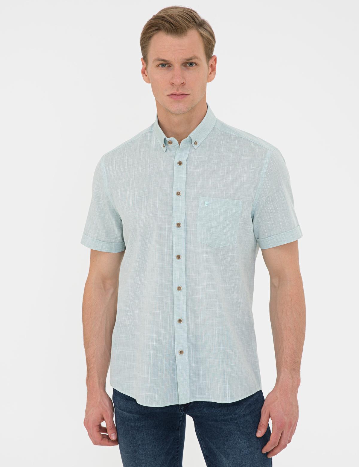 Yeşil Regular Fit Keten Görünümlü Kısa Kollu Gömlek