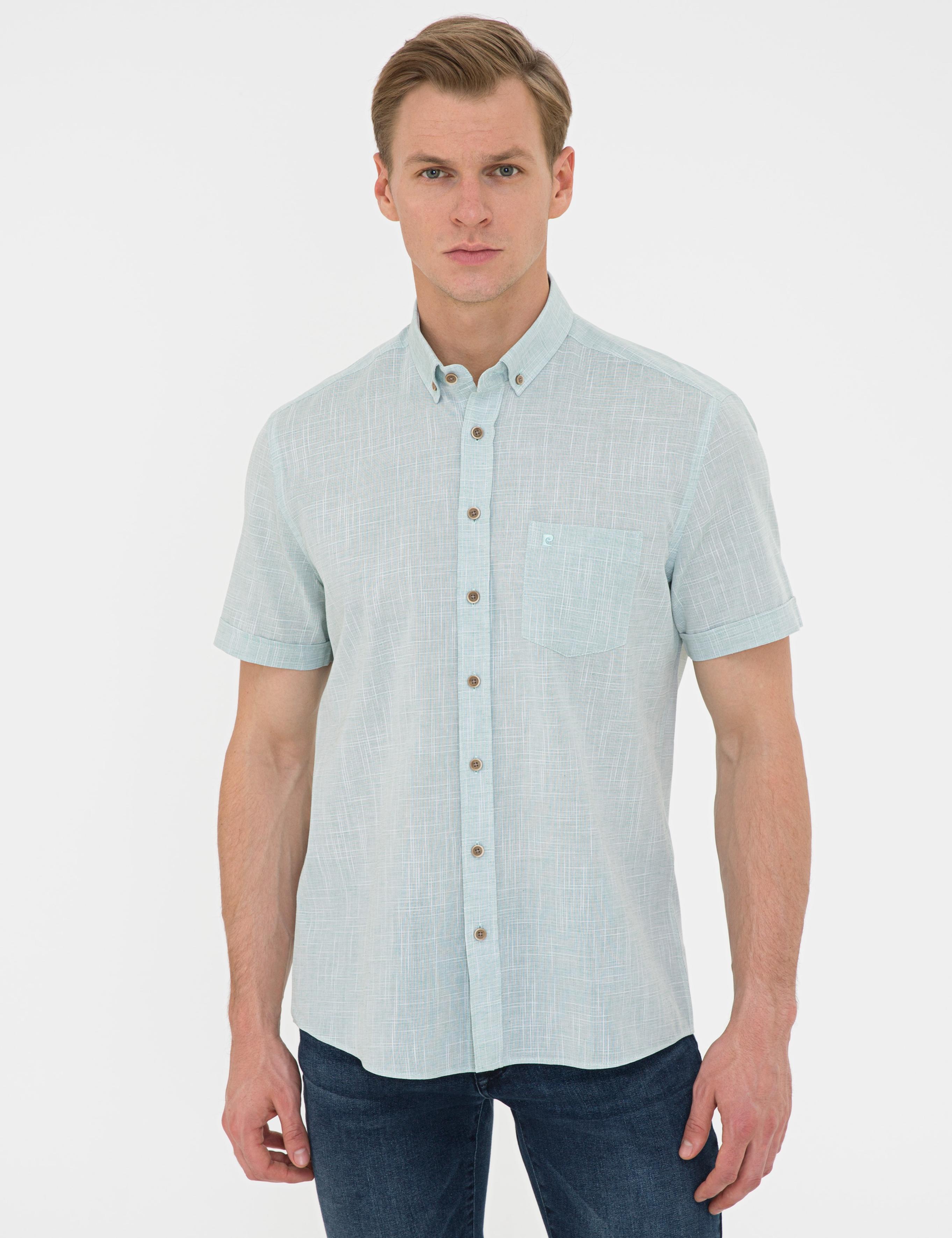 Yeşil Regular Fit Keten Görünümlü Kısa Kollu Gömlek