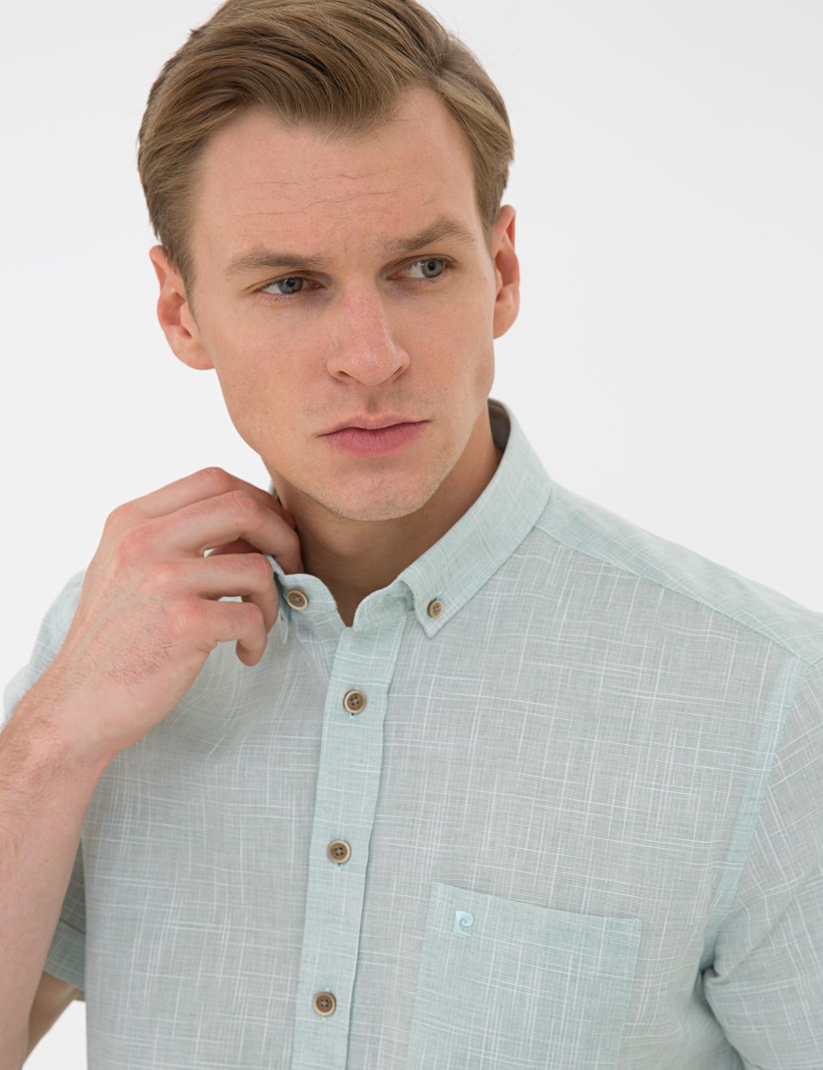 Yeşil Regular Fit Keten Görünümlü Kısa Kollu Gömlek - 50240388010