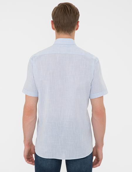 Açık Mavi Regular Fit Keten Görünümlü Kısa Kollu Gömlek - 50240388006