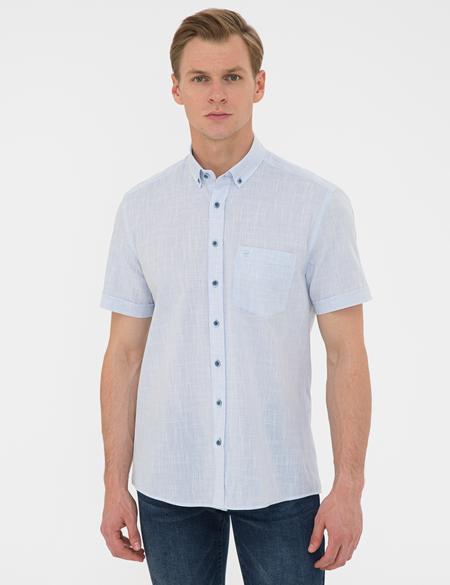 Açık Mavi Regular Fit Keten Görünümlü Kısa Kollu Gömlek - 50240388006