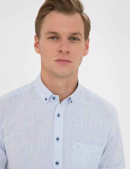 Açık Mavi Regular Fit Keten Görünümlü Kısa Kollu Gömlek - 50240388006