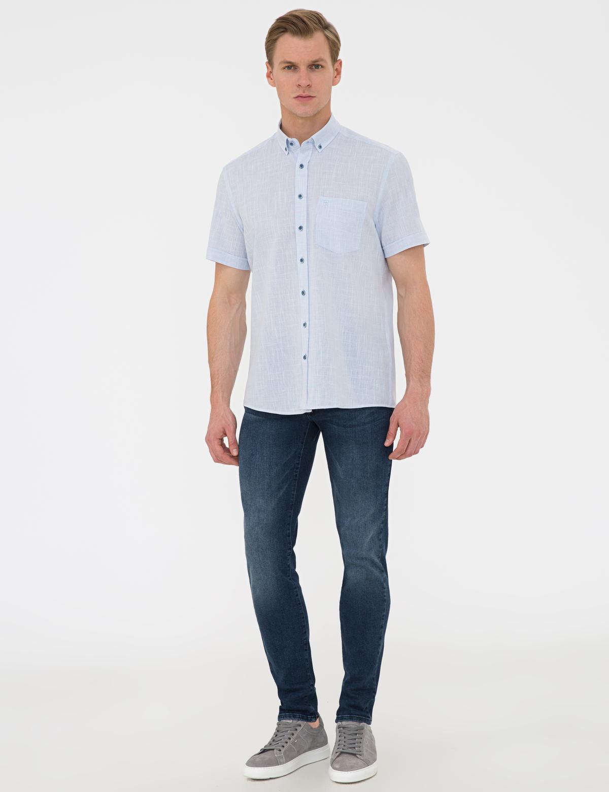 Açık Mavi Regular Fit Keten Görünümlü Kısa Kollu Gömlek - 50240388006