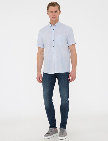 Açık Mavi Regular Fit Keten Görünümlü Kısa Kollu Gömlek - 50240388006