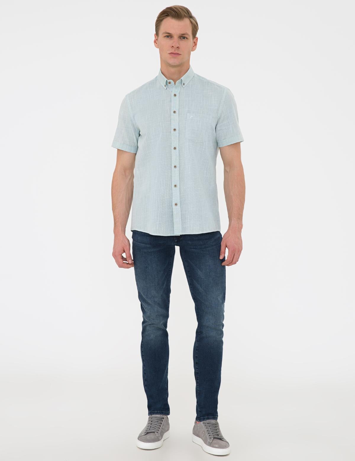 Yeşil Regular Fit Keten Görünümlü Kısa Kollu Gömlek - 50240388010