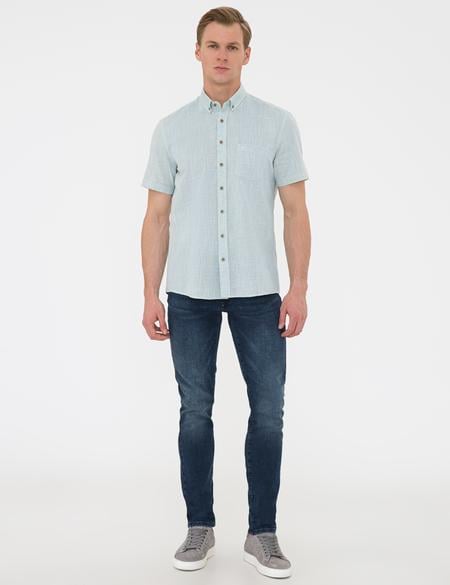 Yeşil Regular Fit Keten Görünümlü Kısa Kollu Gömlek - 50240388010