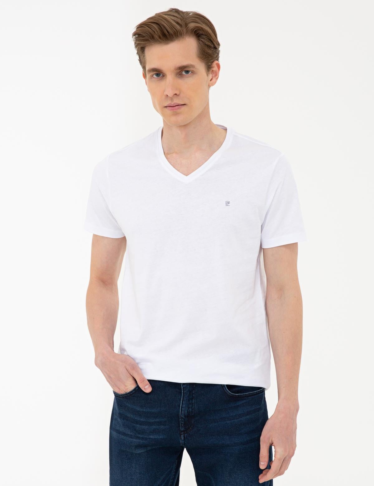 Beyaz Slim Fit Basic V Yaka Tişört