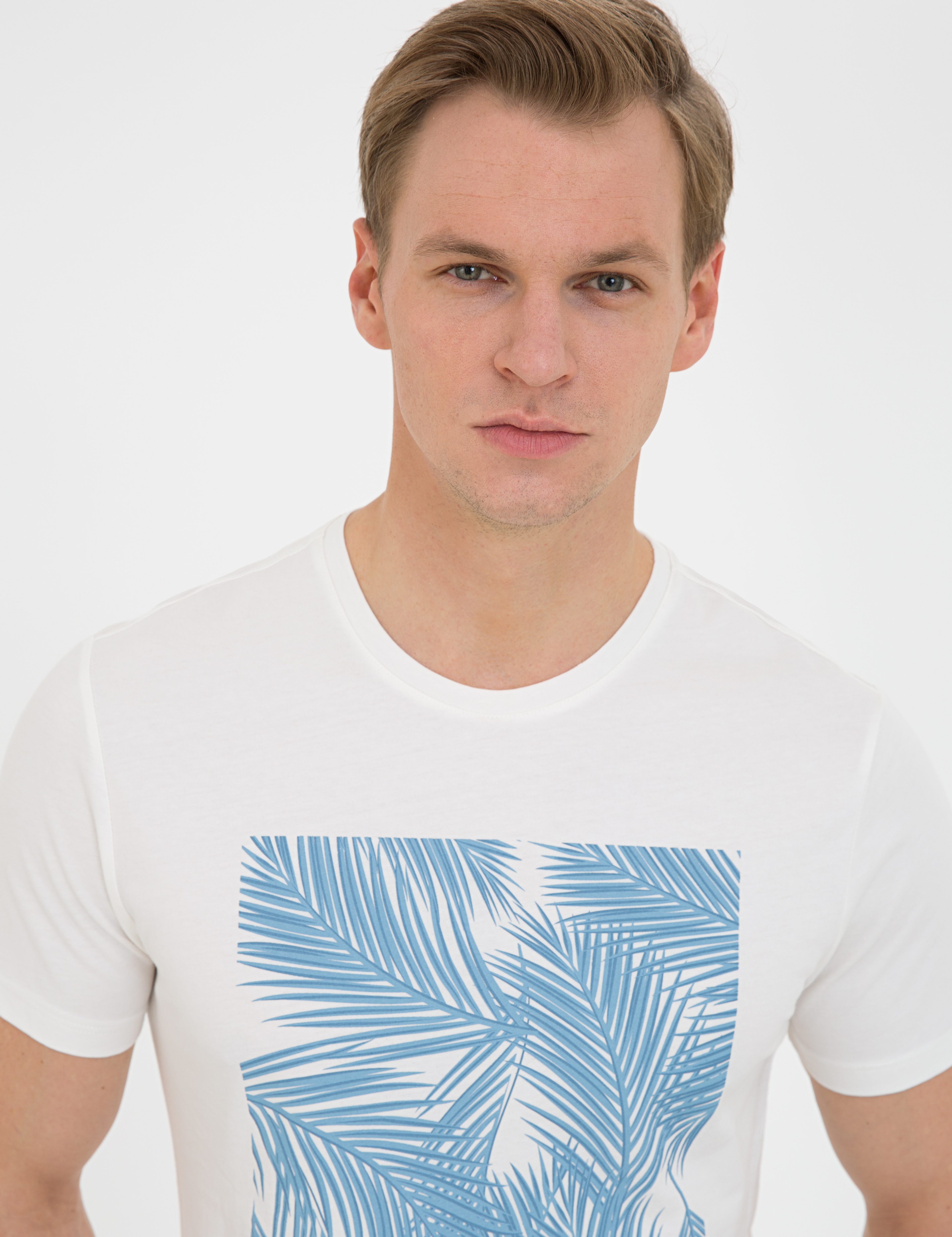 Ecru Slim Fit Bisiklet Yaka Tişört - Image 2