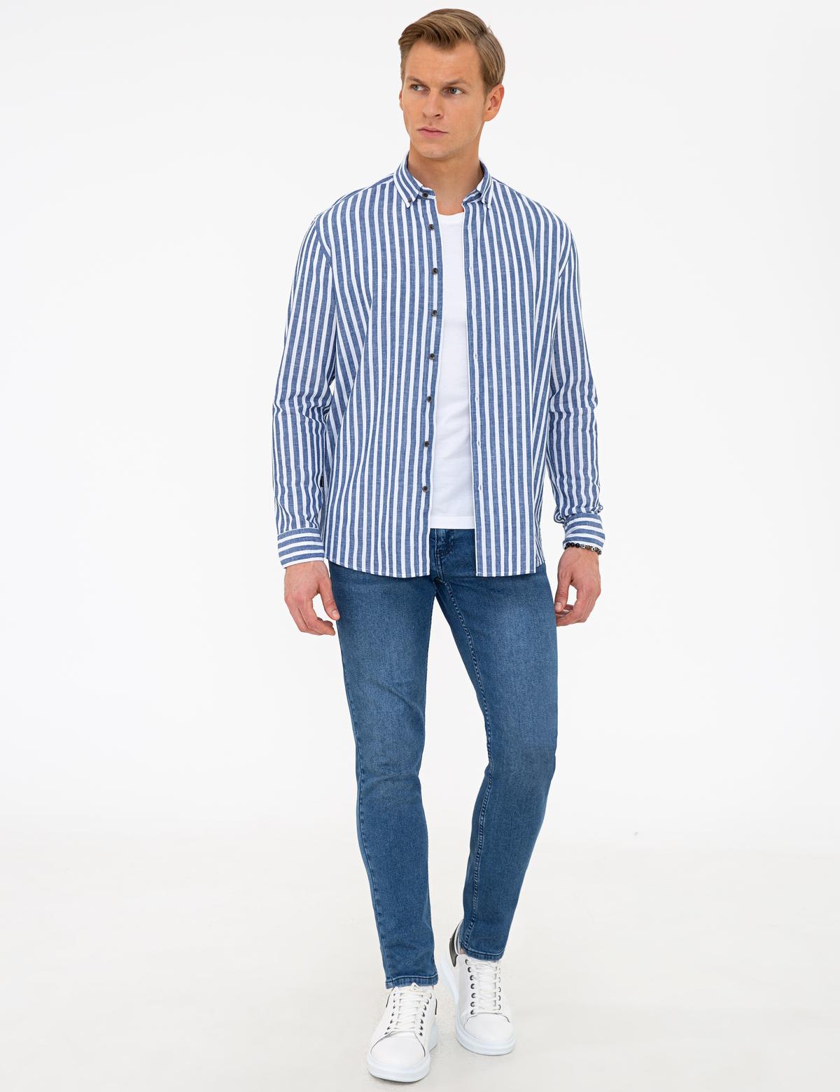 Lacivert Regular Fit Keten Karışımlı Gömlek - 50236738010