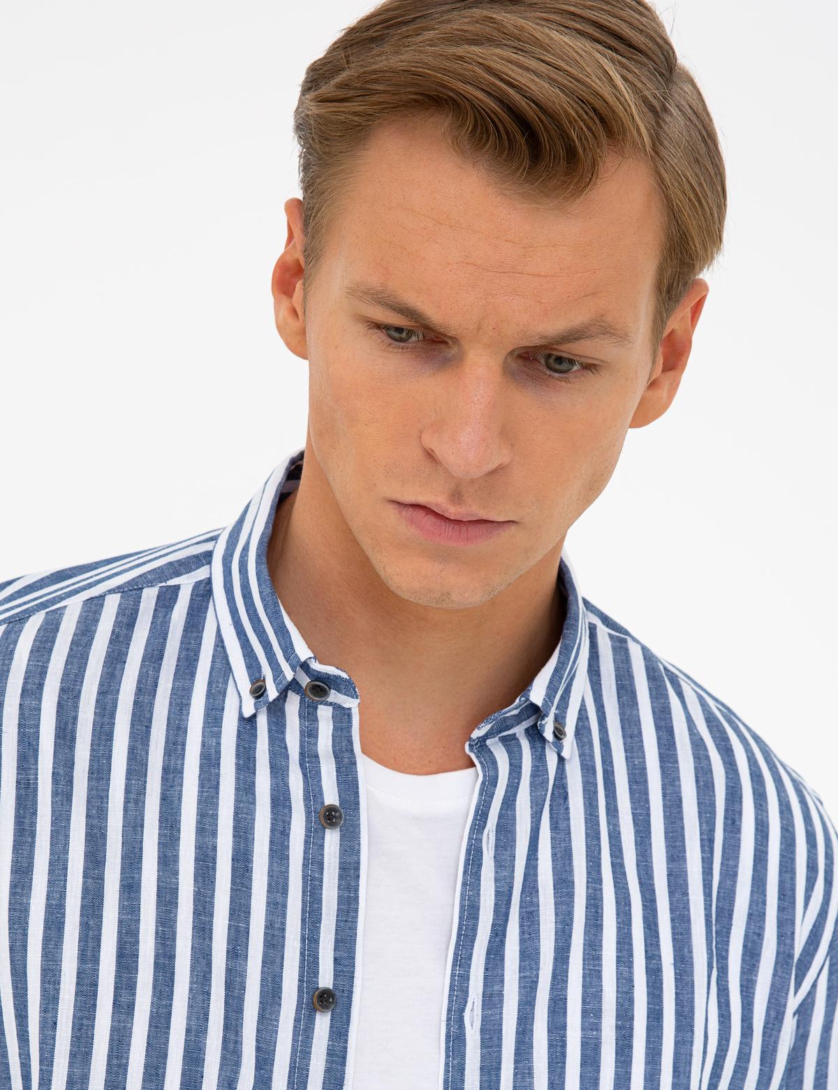 Lacivert Regular Fit Keten Karışımlı Gömlek - 50236738010