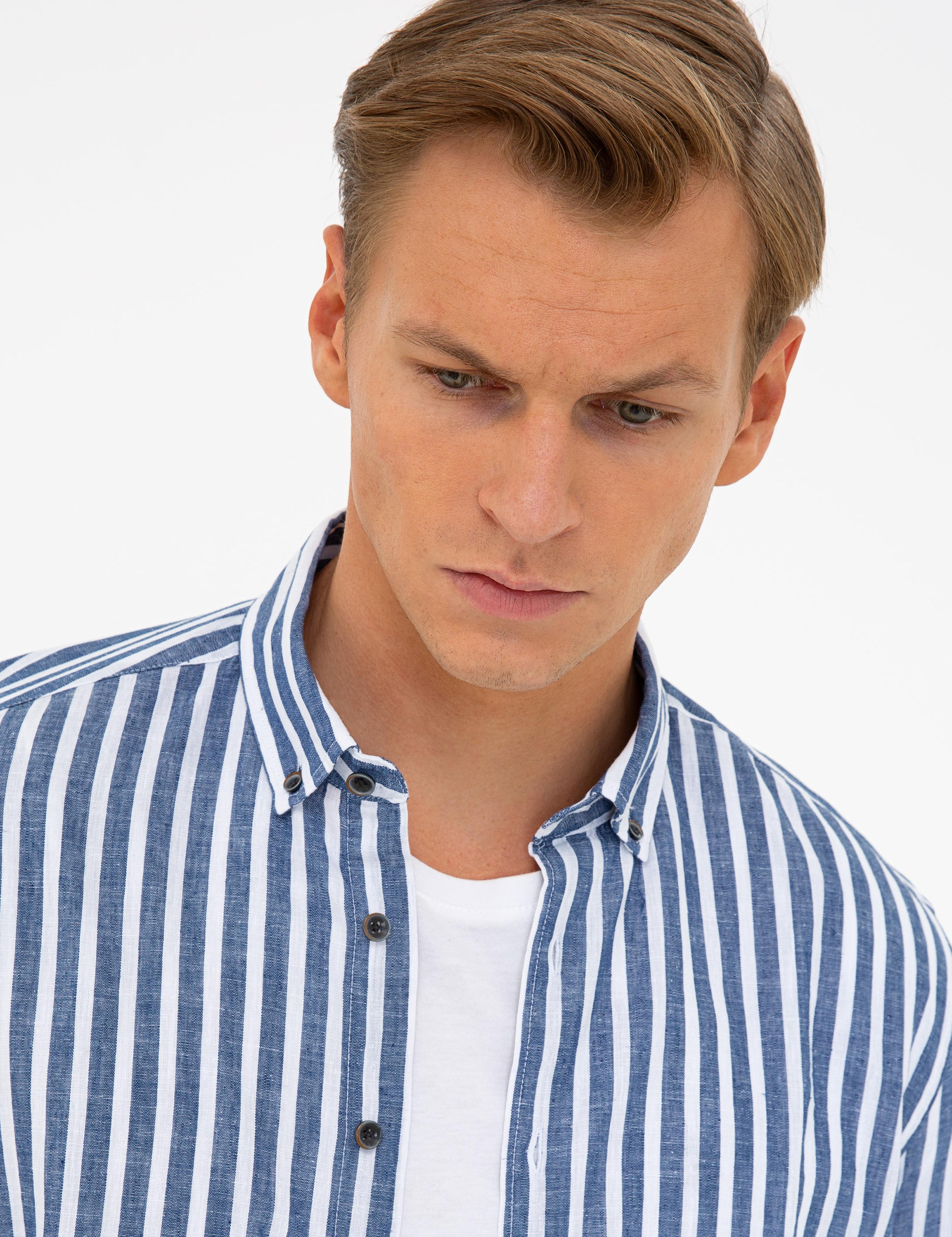 Lacivert Regular Fit Keten Karışımlı Gömlek