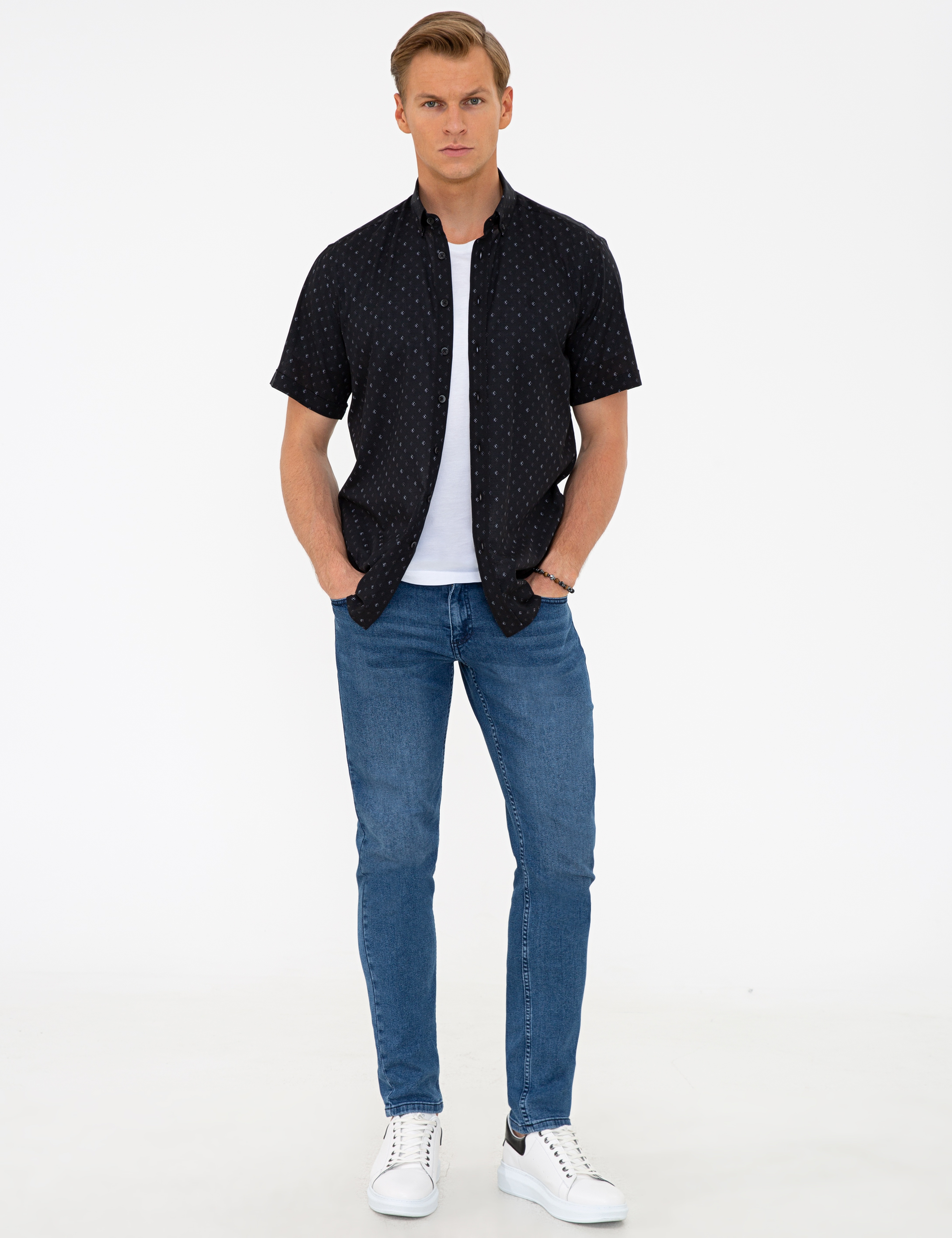 Siyah Regular Fit Kısa Kollu Gömlek - Image 4