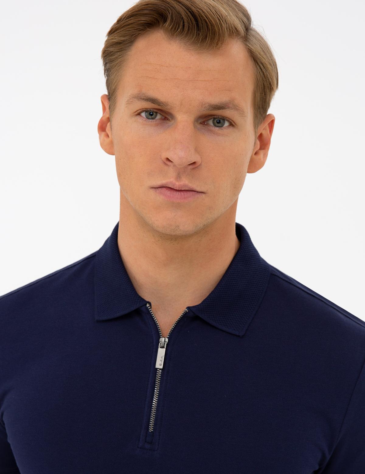 Koyu Lacivert Slim Fit Fermuar Detaylı Polo Yaka Tişört - 50236005023