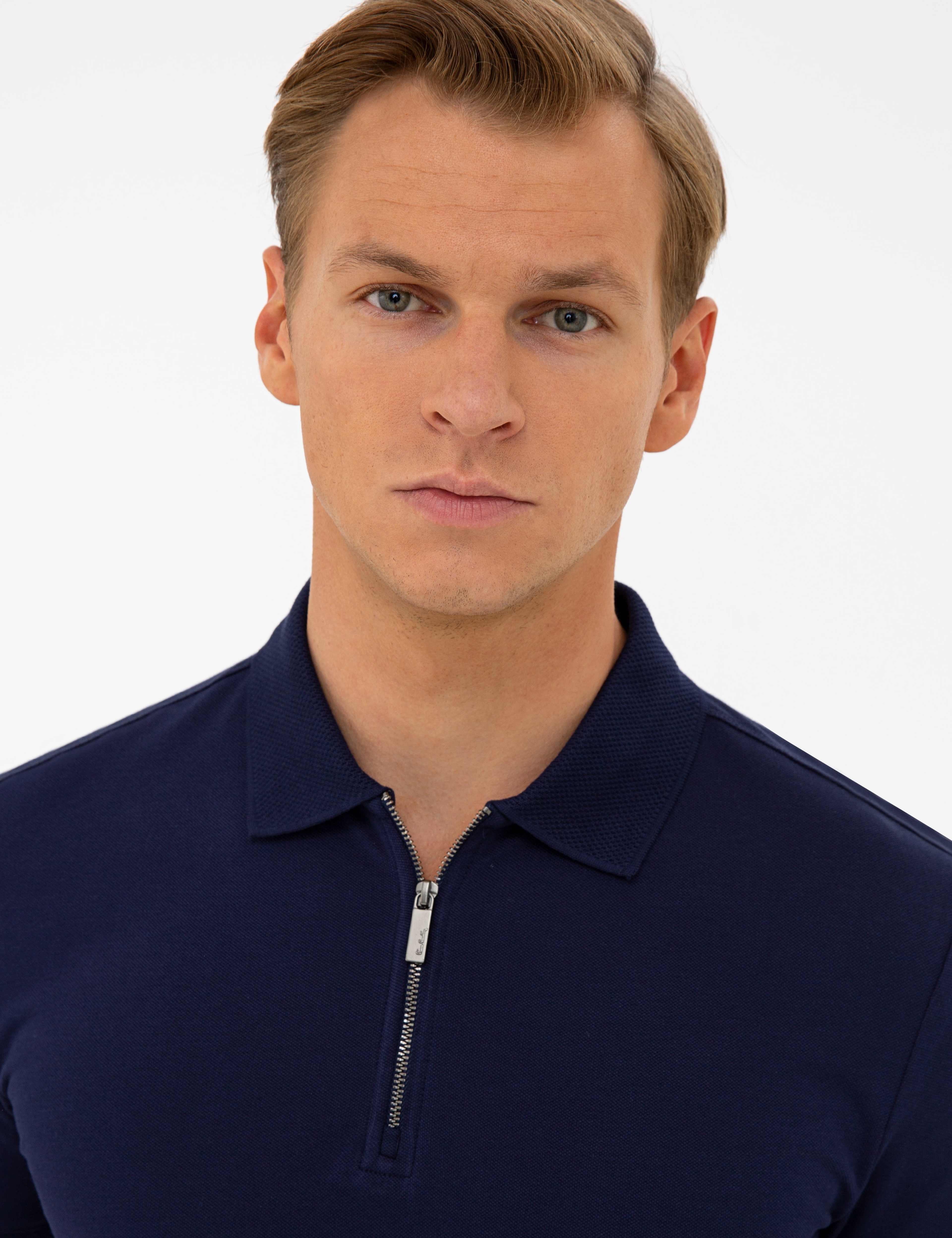 Koyu Lacivert Slim Fit Fermuar Detaylı Polo Yaka Tişört