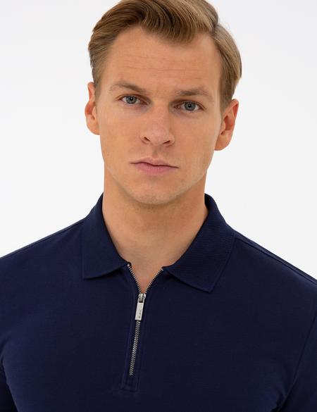 Koyu Lacivert Slim Fit Fermuar Detaylı Polo Yaka Tişört - 50236005023