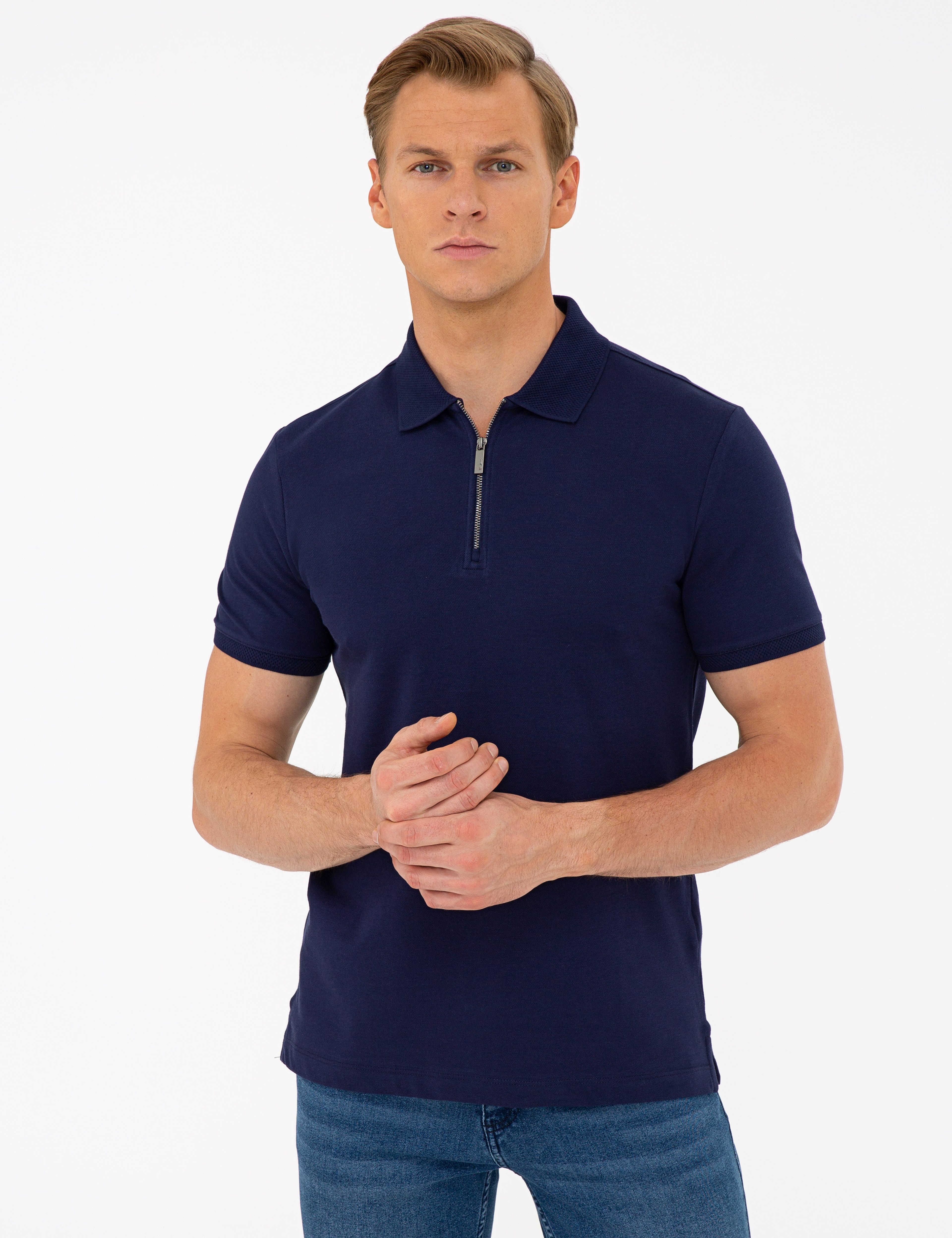 Koyu Lacivert Slim Fit Fermuar Detaylı Polo Yaka Tişört - Image 1