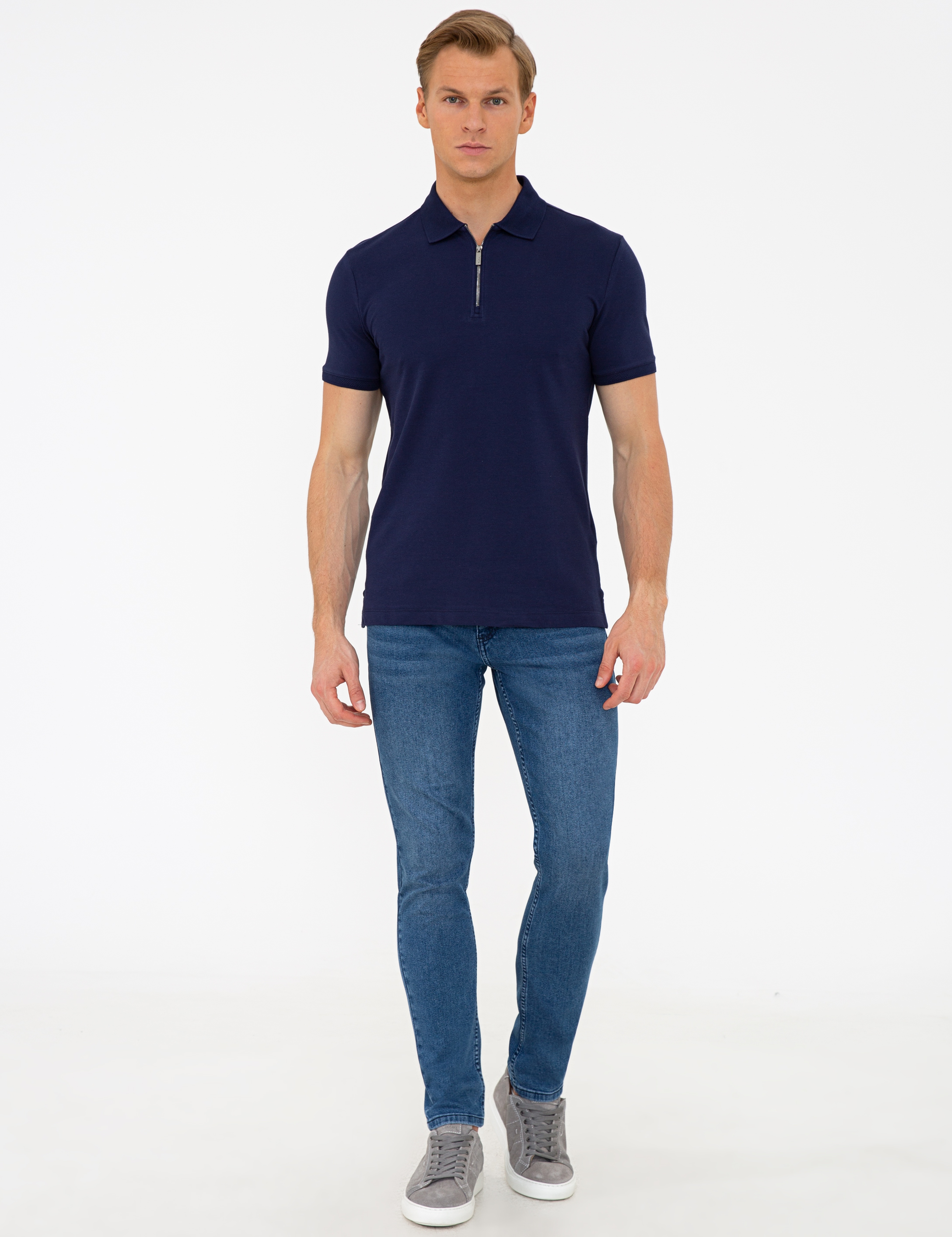 Koyu Lacivert Slim Fit Fermuar Detaylı Polo Yaka Tişört - Image 4