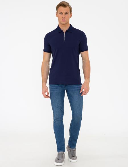 Koyu Lacivert Slim Fit Fermuar Detaylı Polo Yaka Tişört - 50236005023