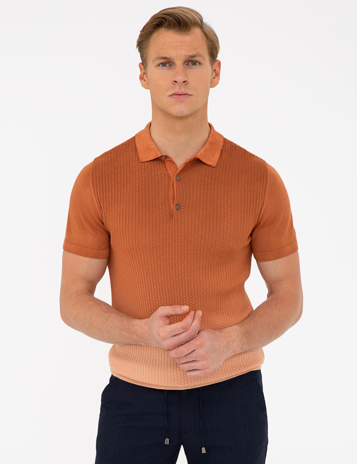 Kahverengi Slim Fit Düğmeli Polo Yaka Triko Tişört