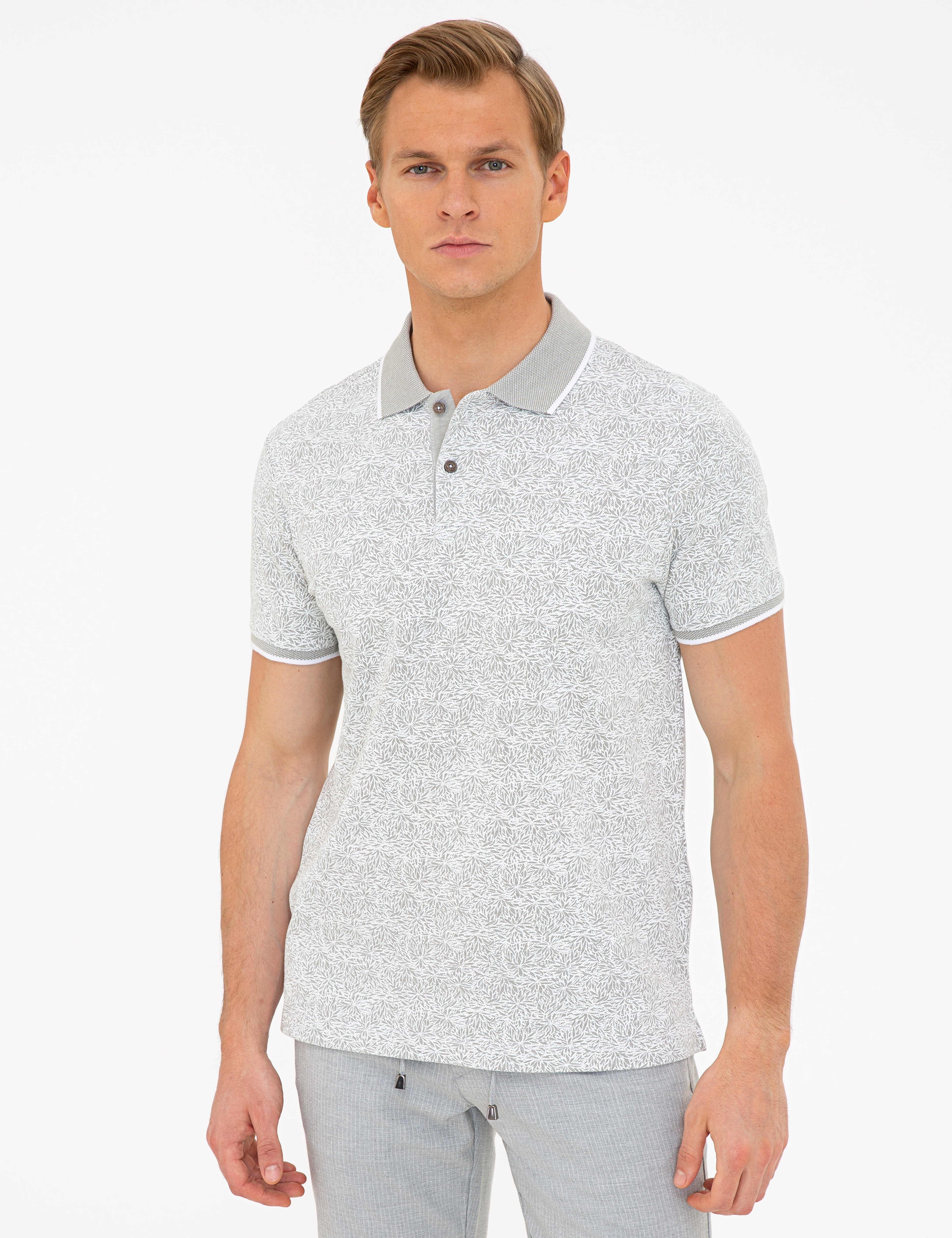 Açık Yeşil Slim Fit Baskılı Polo Yaka Tişört - Image 1