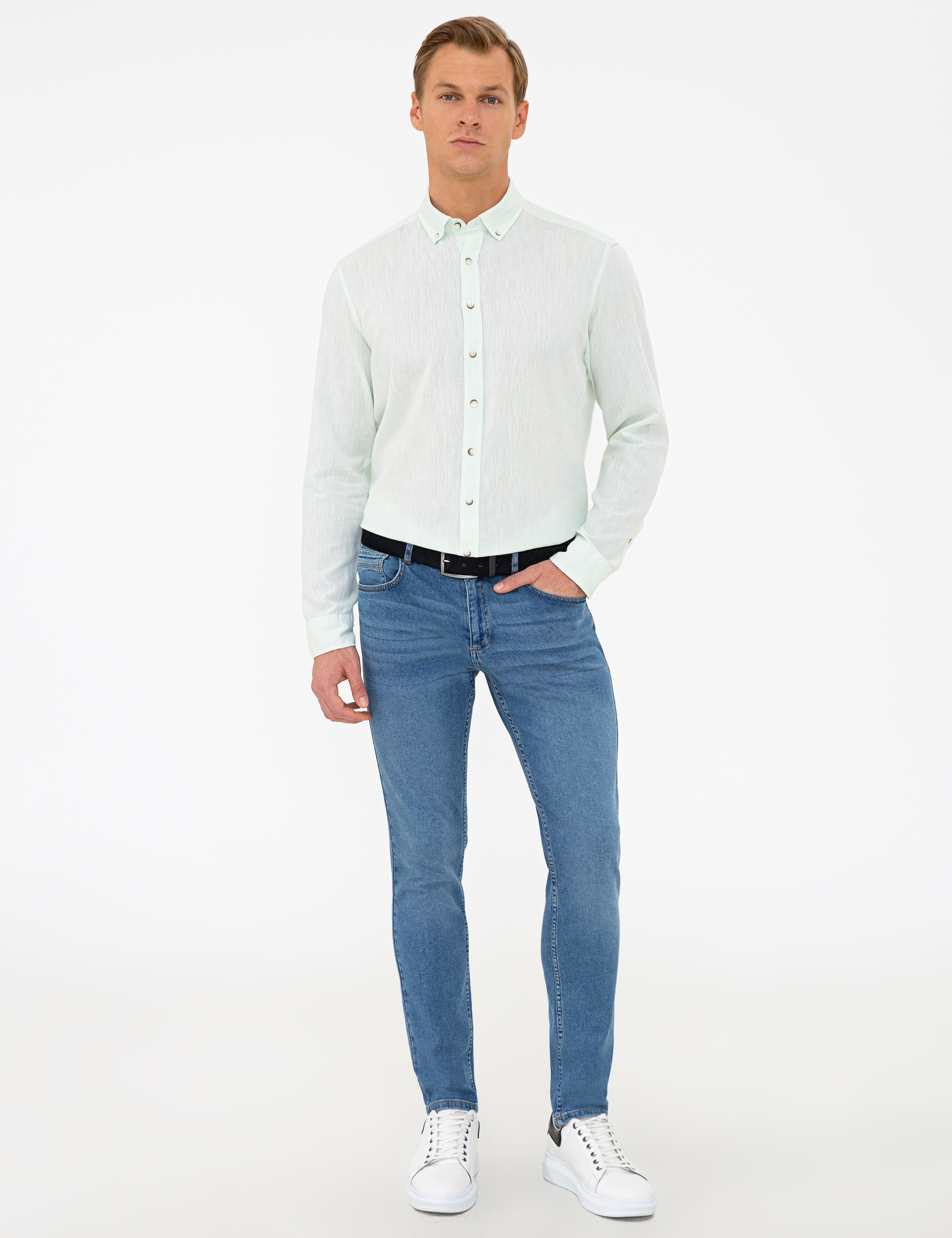 Açık Yeşil Regular Fit Uzun Kollu Gömlek - Image 4