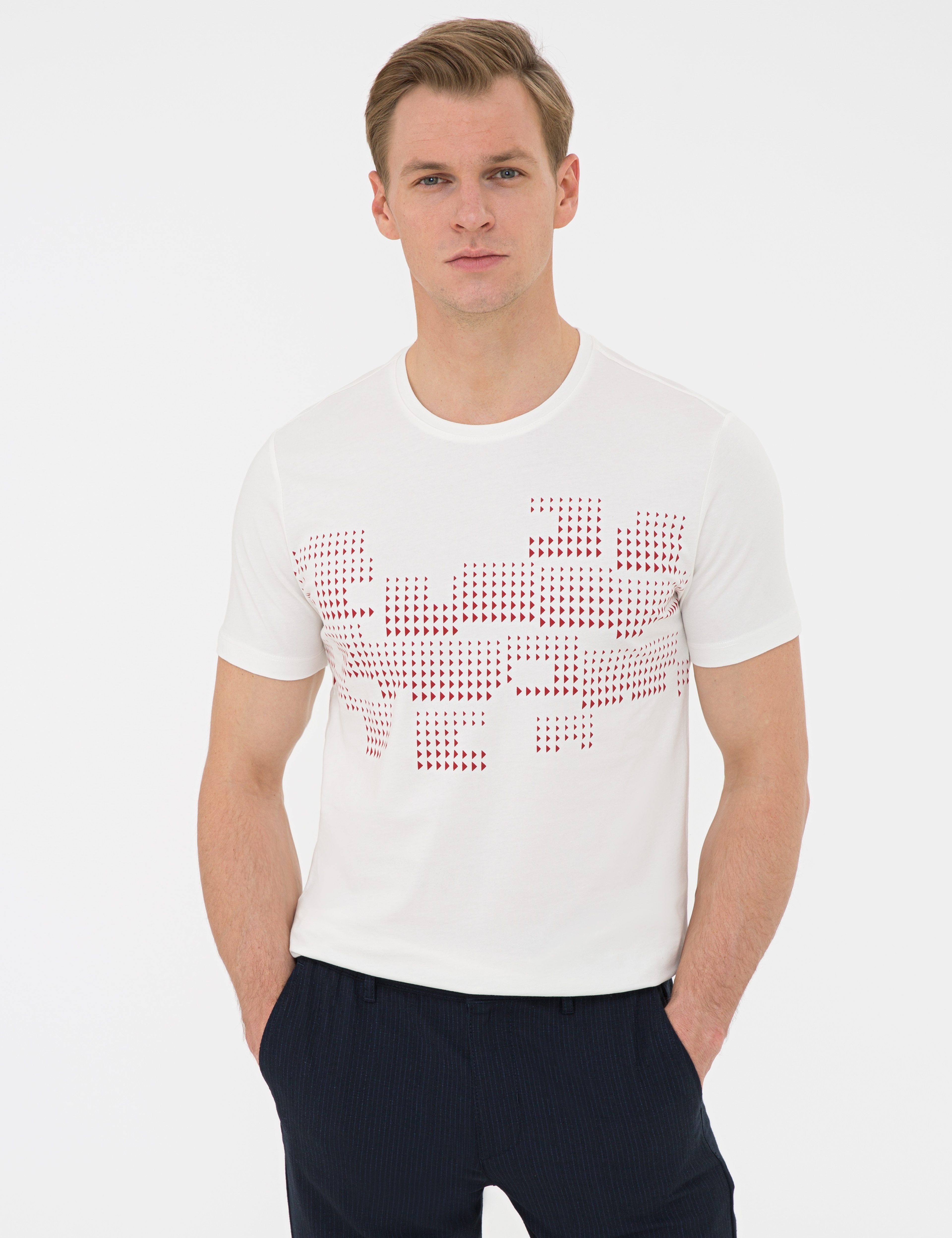 Ecru Slim Fit Bisiklet Yaka T-Shirt - Image 1