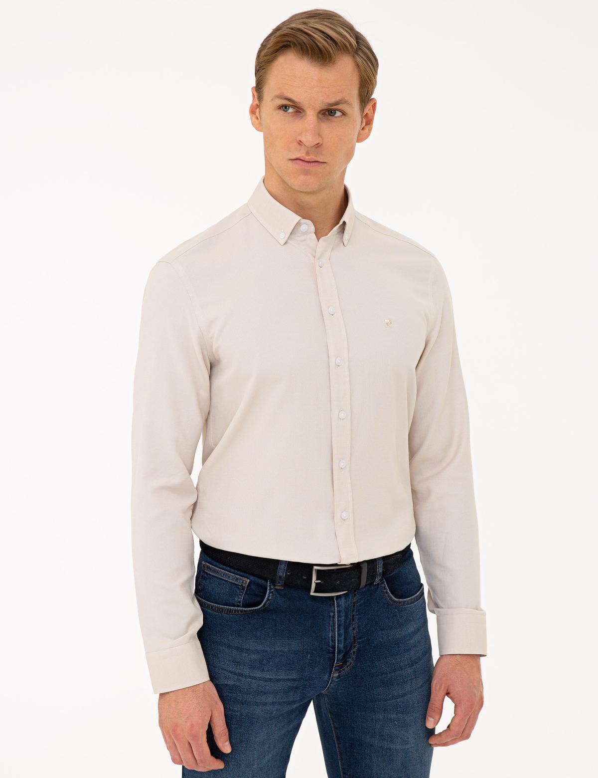 Bej Slim Fit Uzun Kollu Gömlek