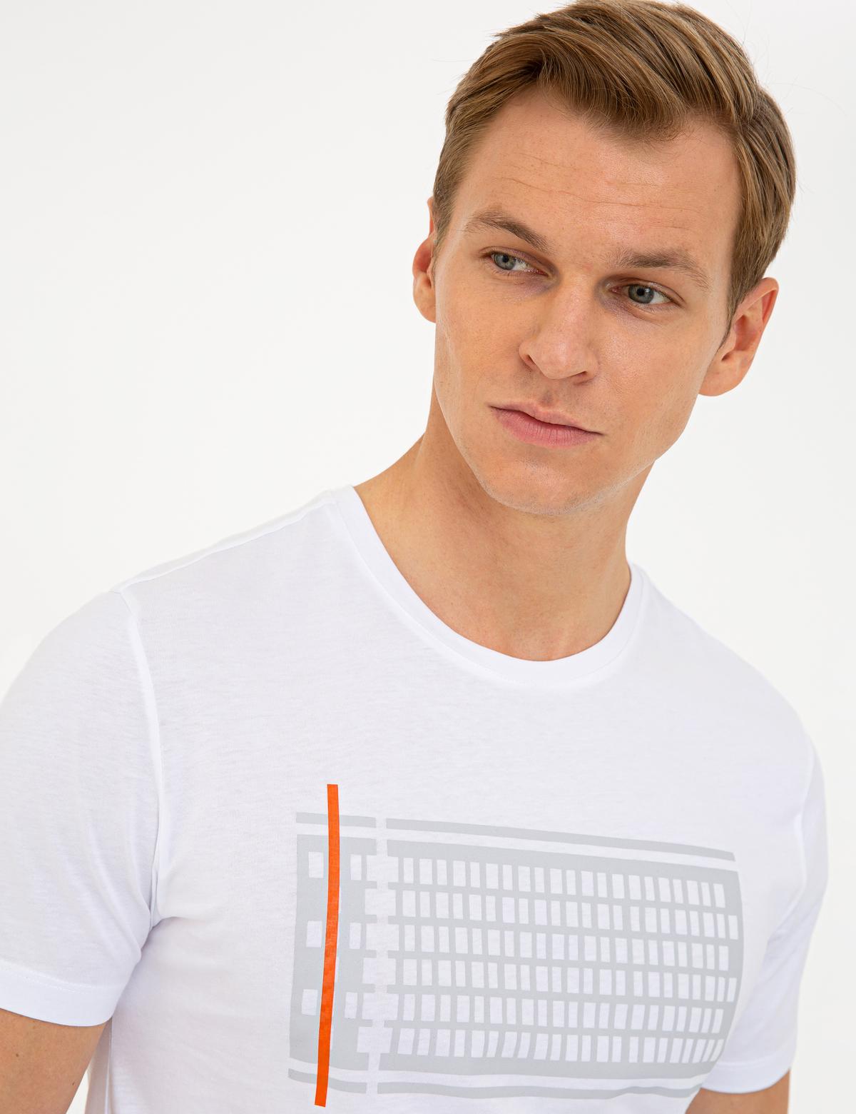 Beyaz Slim Fit Baskılı Bisiklet Yaka Tişört - 50233268002