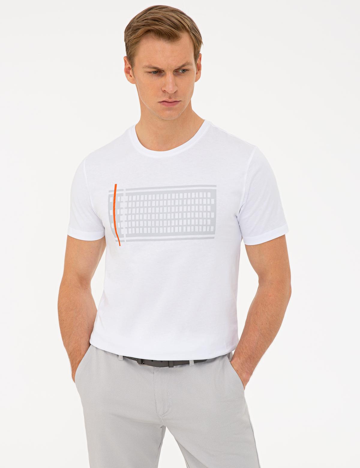 Beyaz Slim Fit Baskılı Bisiklet Yaka Tişört