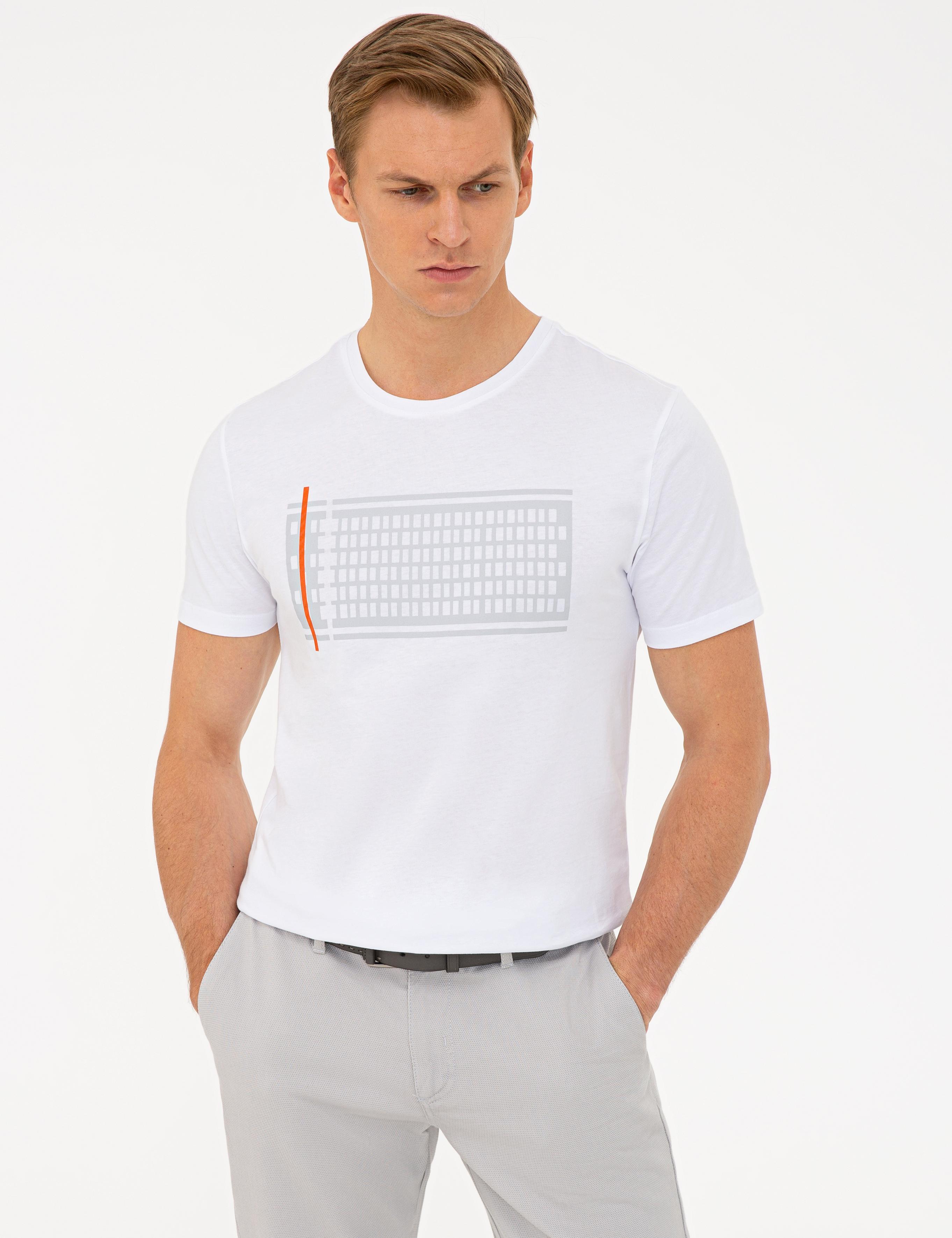 Beyaz Slim Fit Baskılı Bisiklet Yaka Tişört