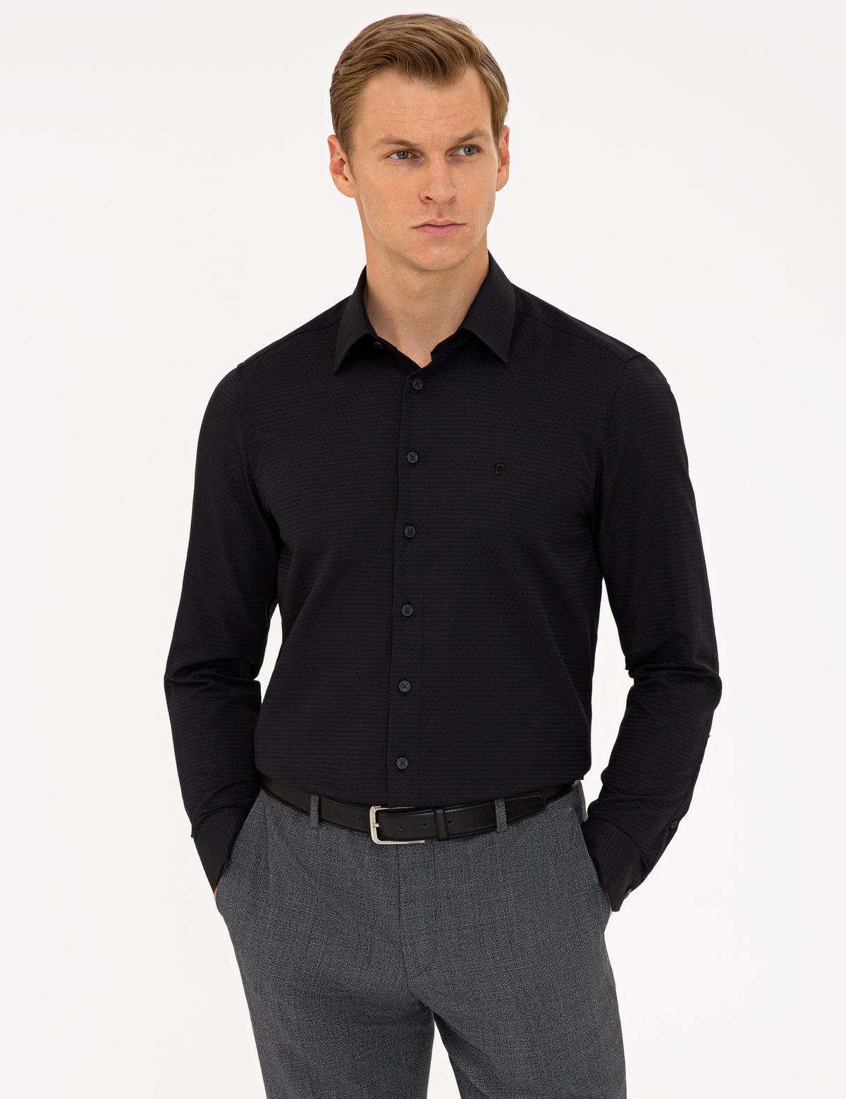 Siyah Slim Fit Armürlü Gömlek