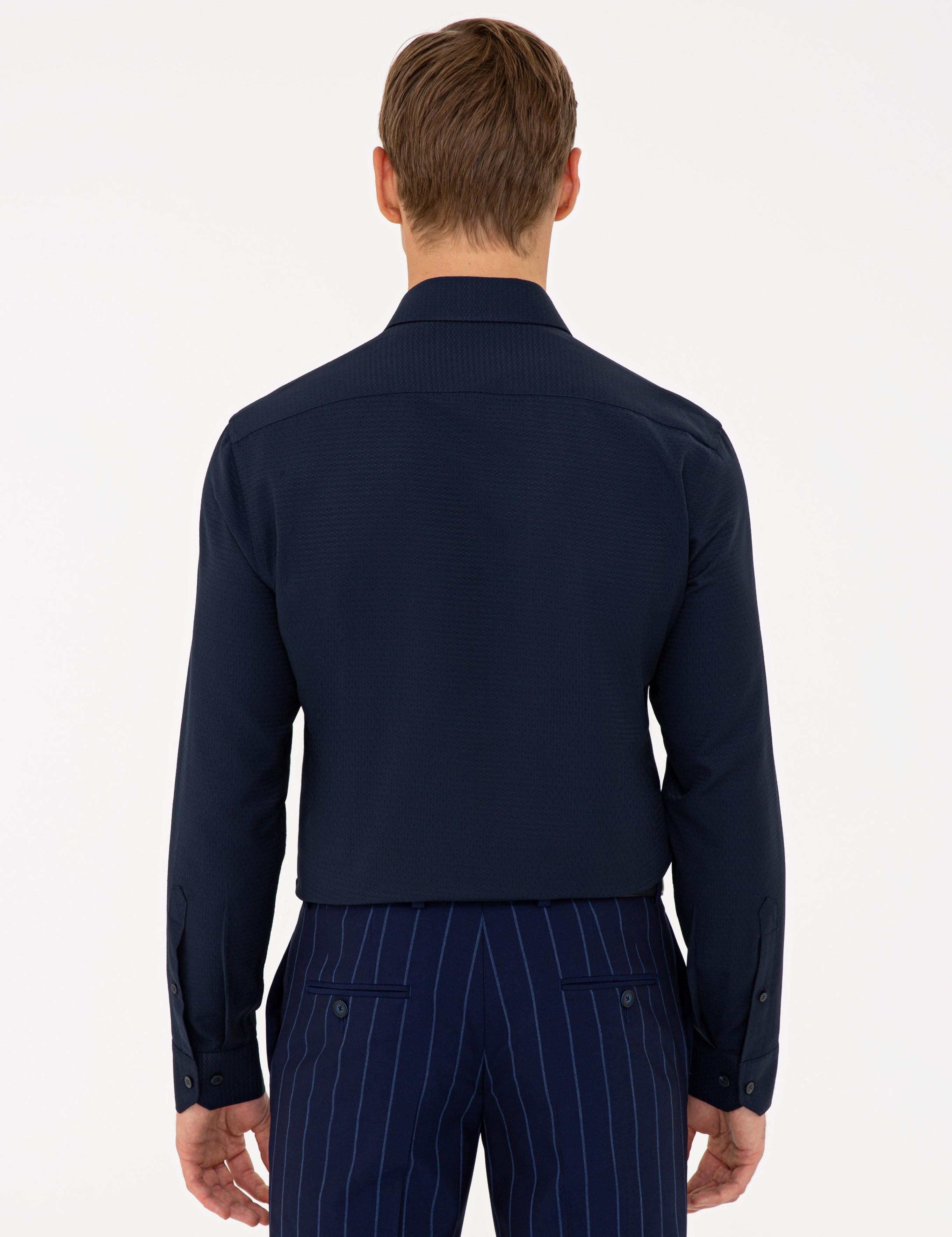 Lacivert Slim Fit Armürlü Gömlek