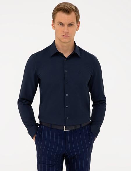 Lacivert Slim Fit Armürlü Gömlek - 50240406029