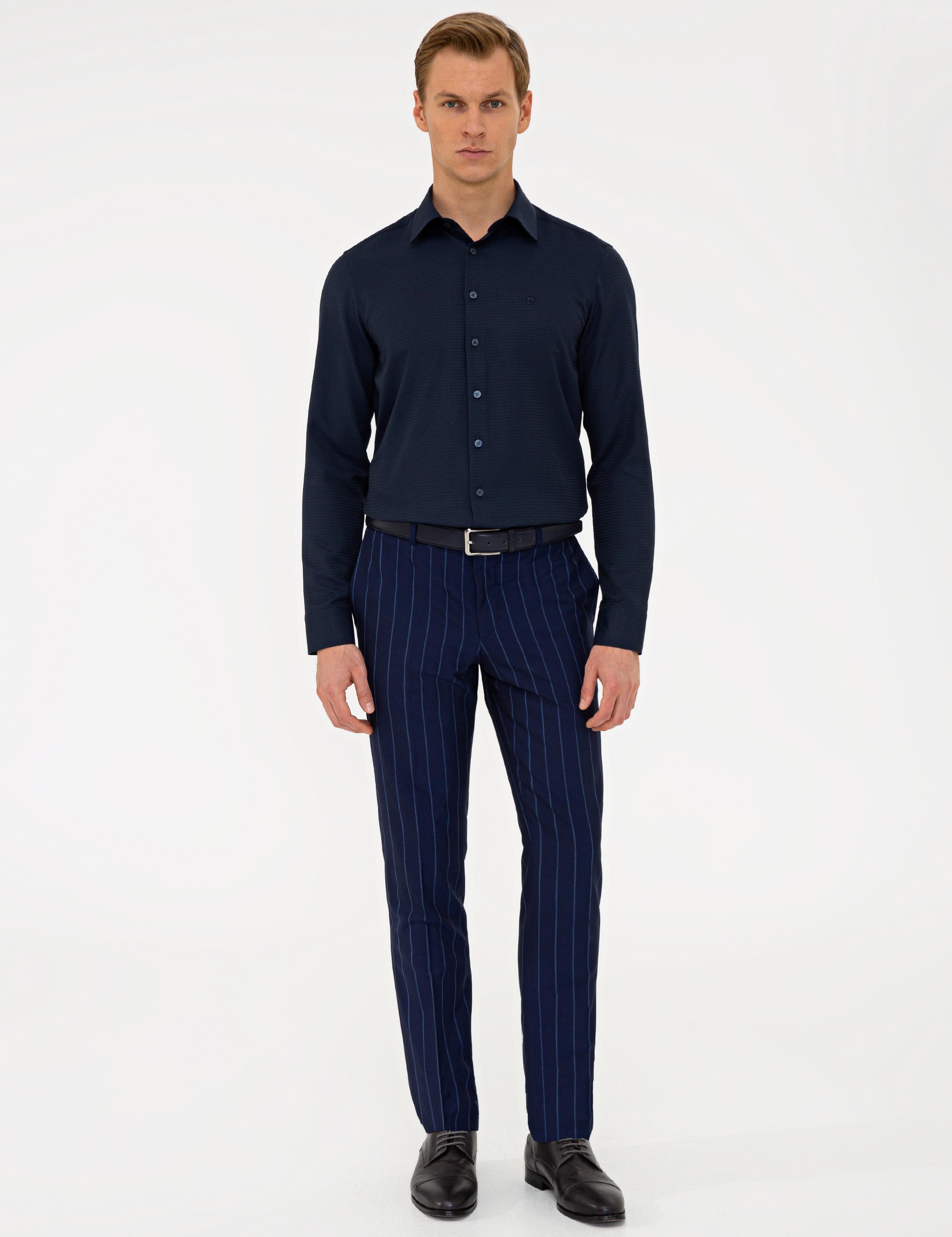 Lacivert Slim Fit Armürlü Gömlek