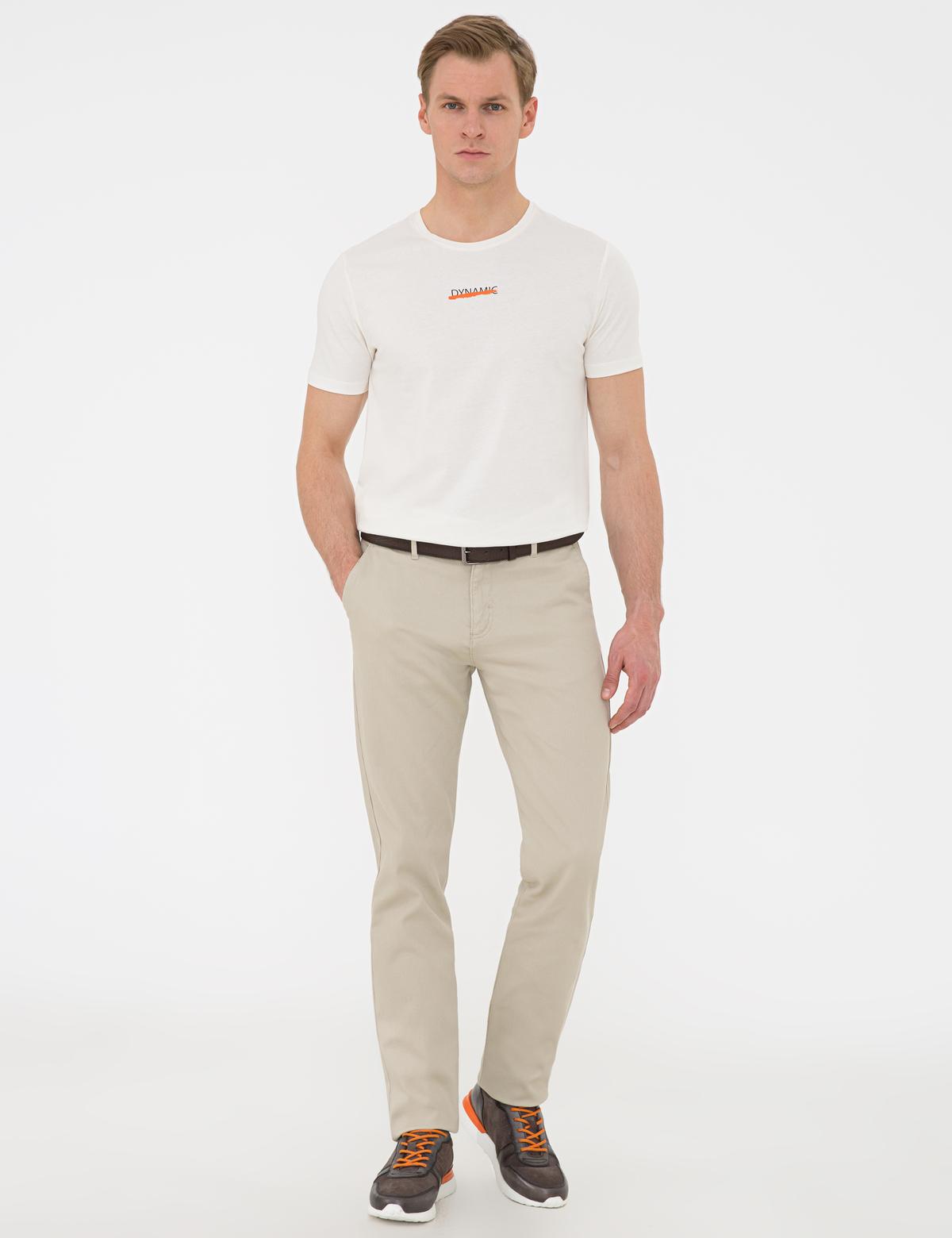 Bej Slim Fit Bisiklet Yaka Tişört - 50241502008