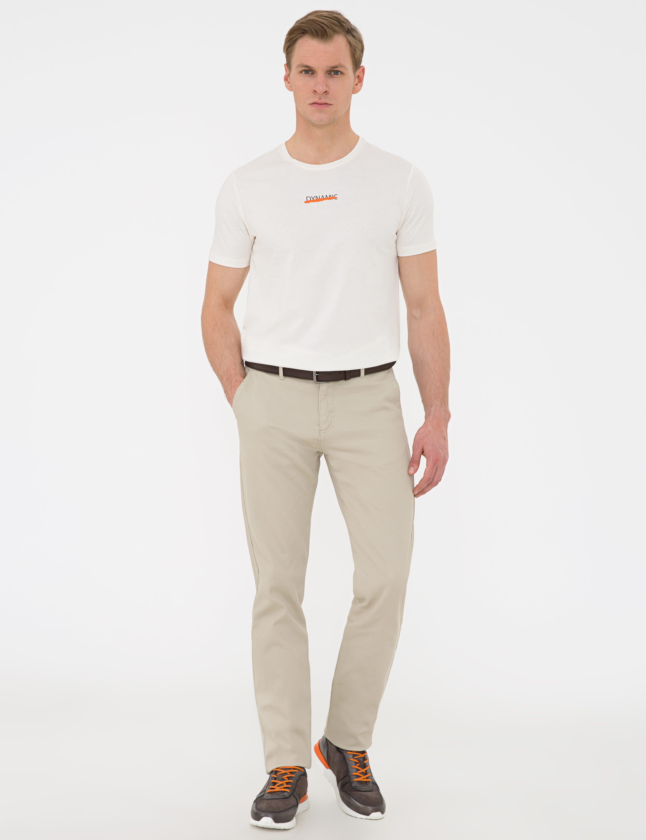 Bej Slim Fit Bisiklet Yaka Tişört - Image 4