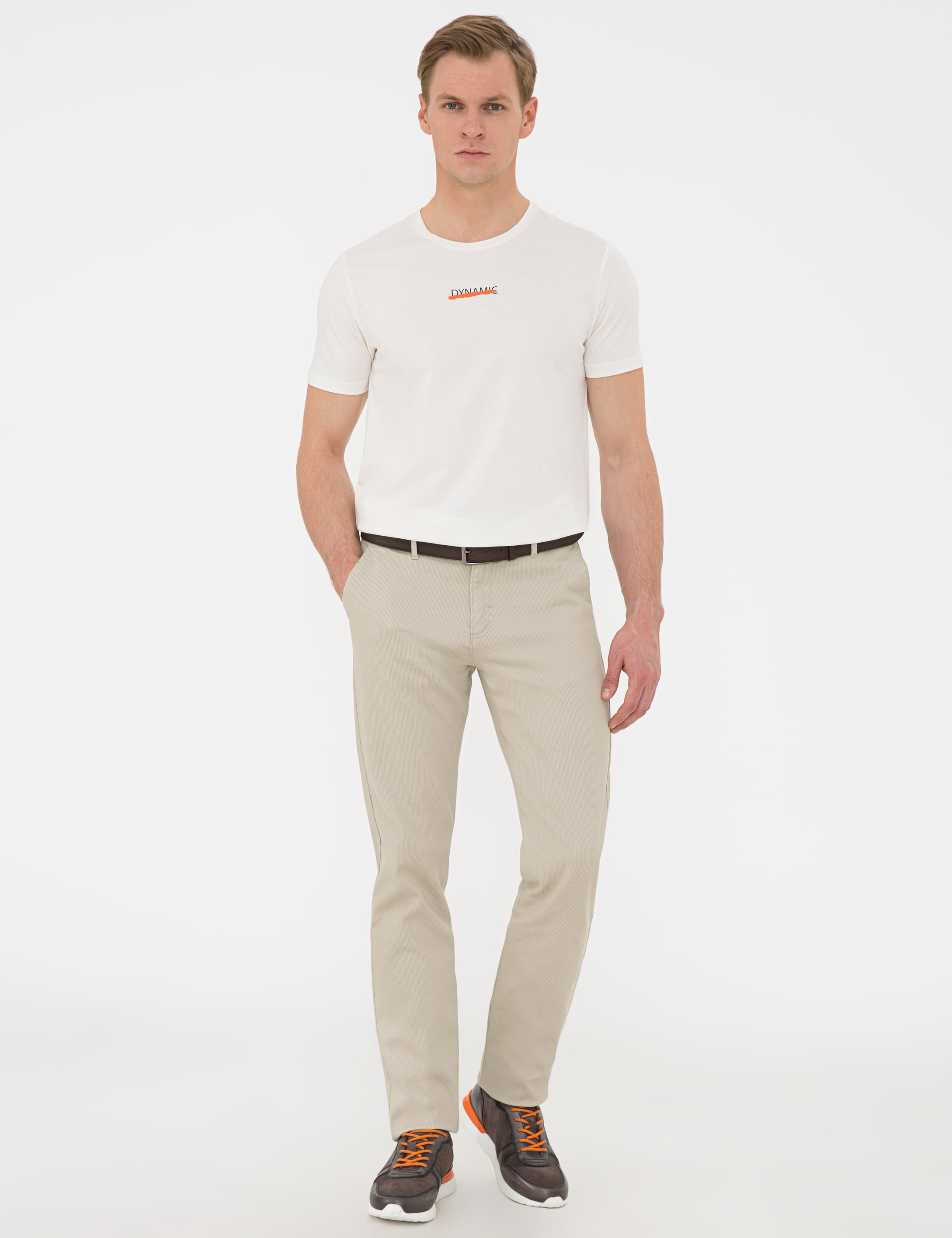 Bej Slim Fit Bisiklet Yaka Tişört