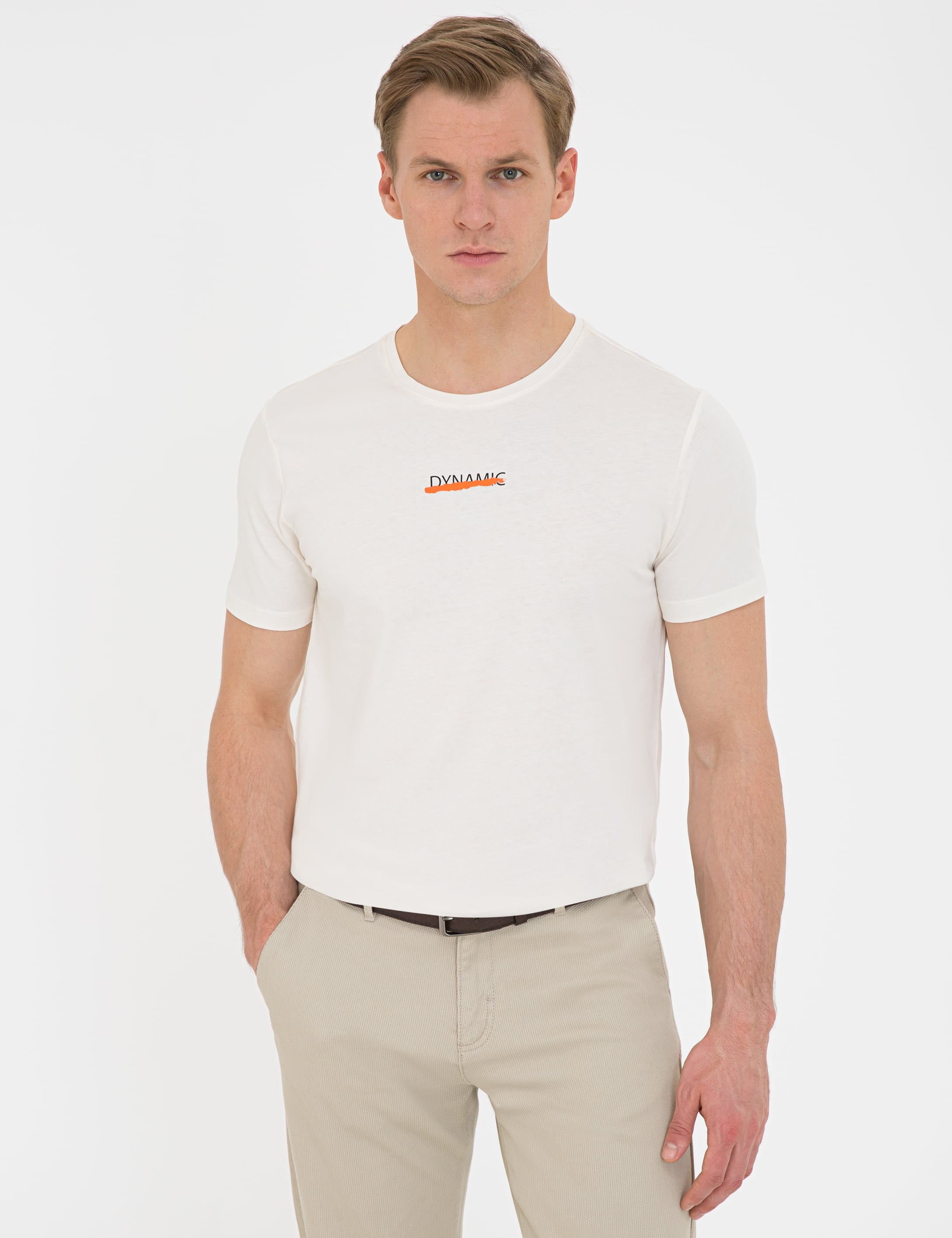 Bej Slim Fit Bisiklet Yaka Tişört