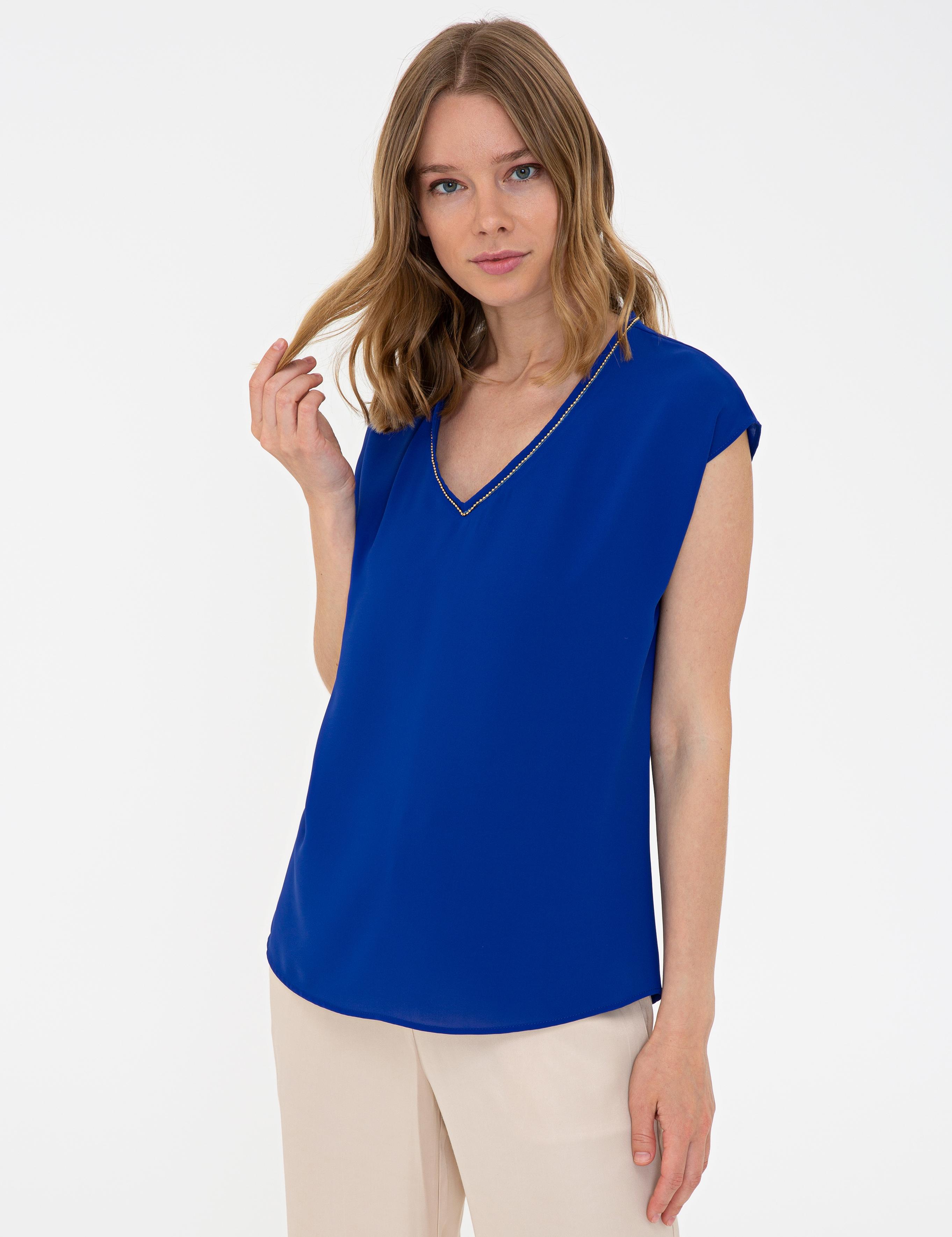 Saks Kısa Kollu V Yaka Bluz