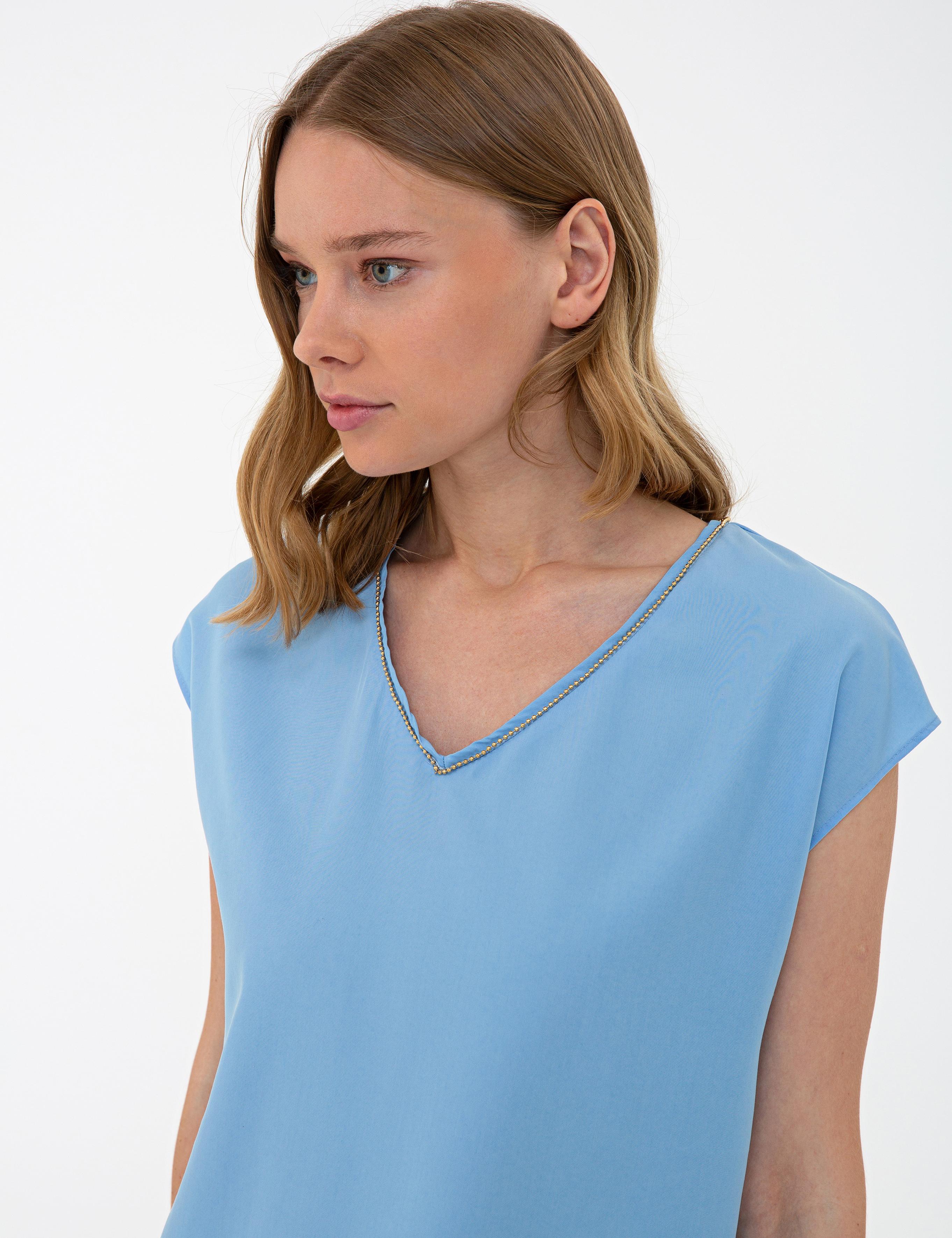 Mavi Kısa Kollu V Yaka Bluz