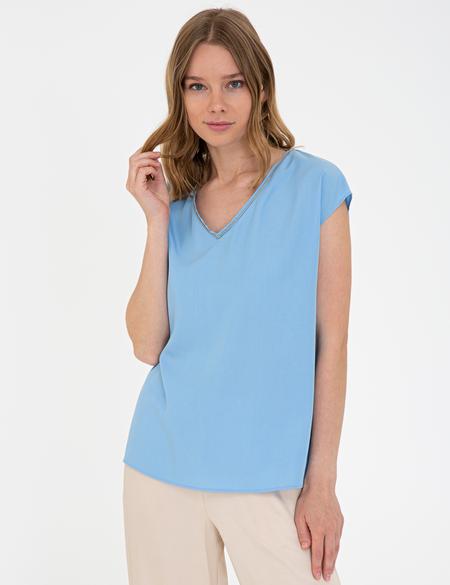 Mavi Kısa Kollu V Yaka Bluz - 50243753011
