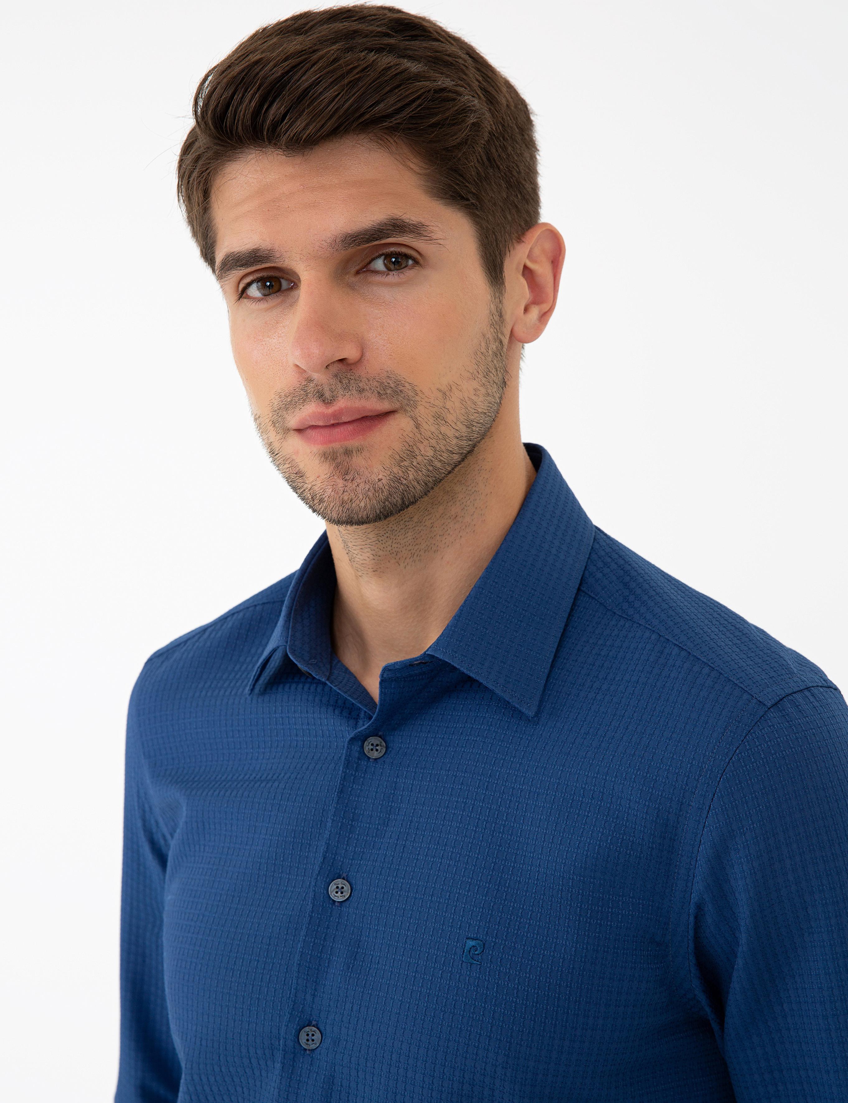 Lacivert Slim Fit Armürlü Gömlek