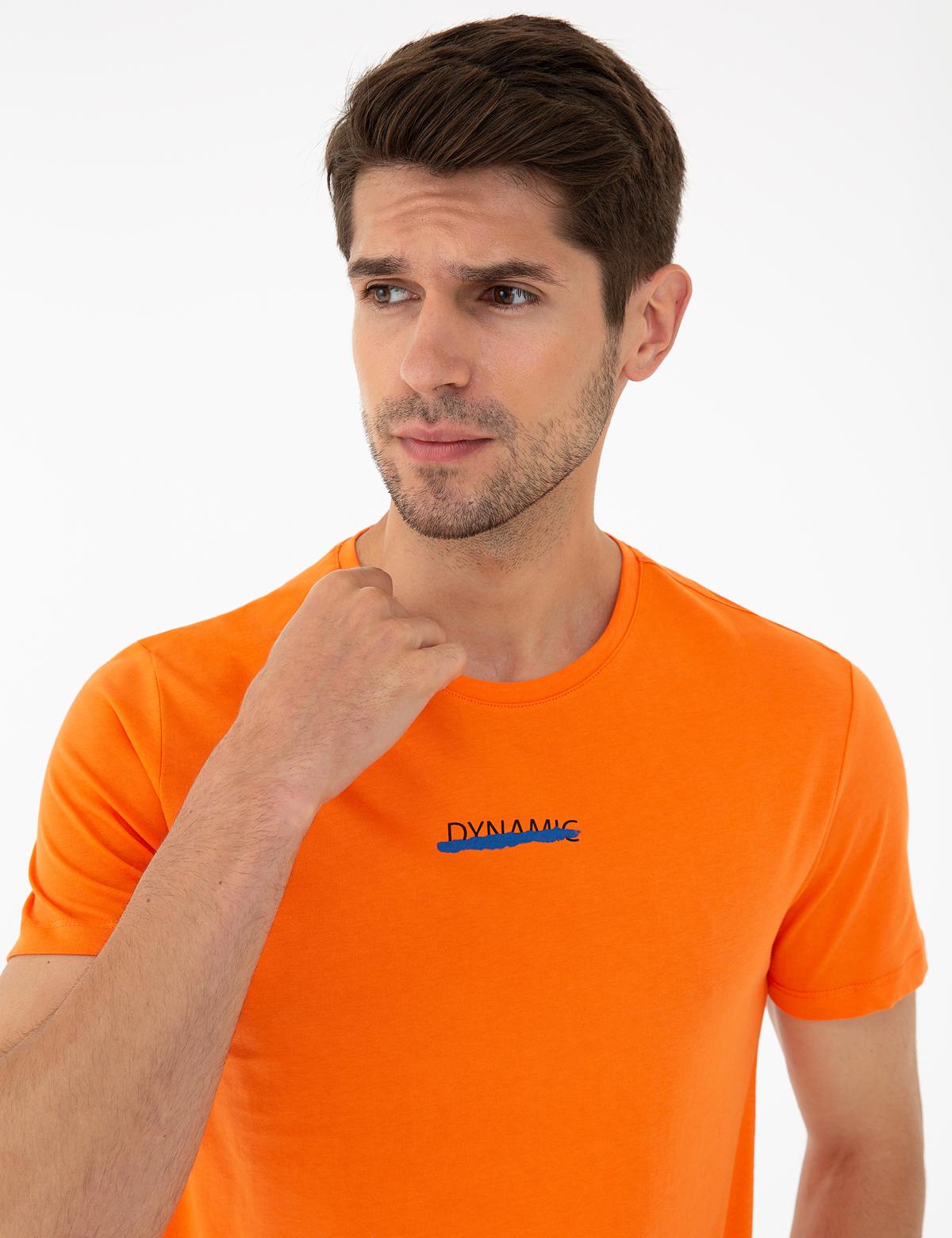 Turuncu Slim Fit Dynamic Baskılı Bisiklet Yaka Tişört - 50241502015