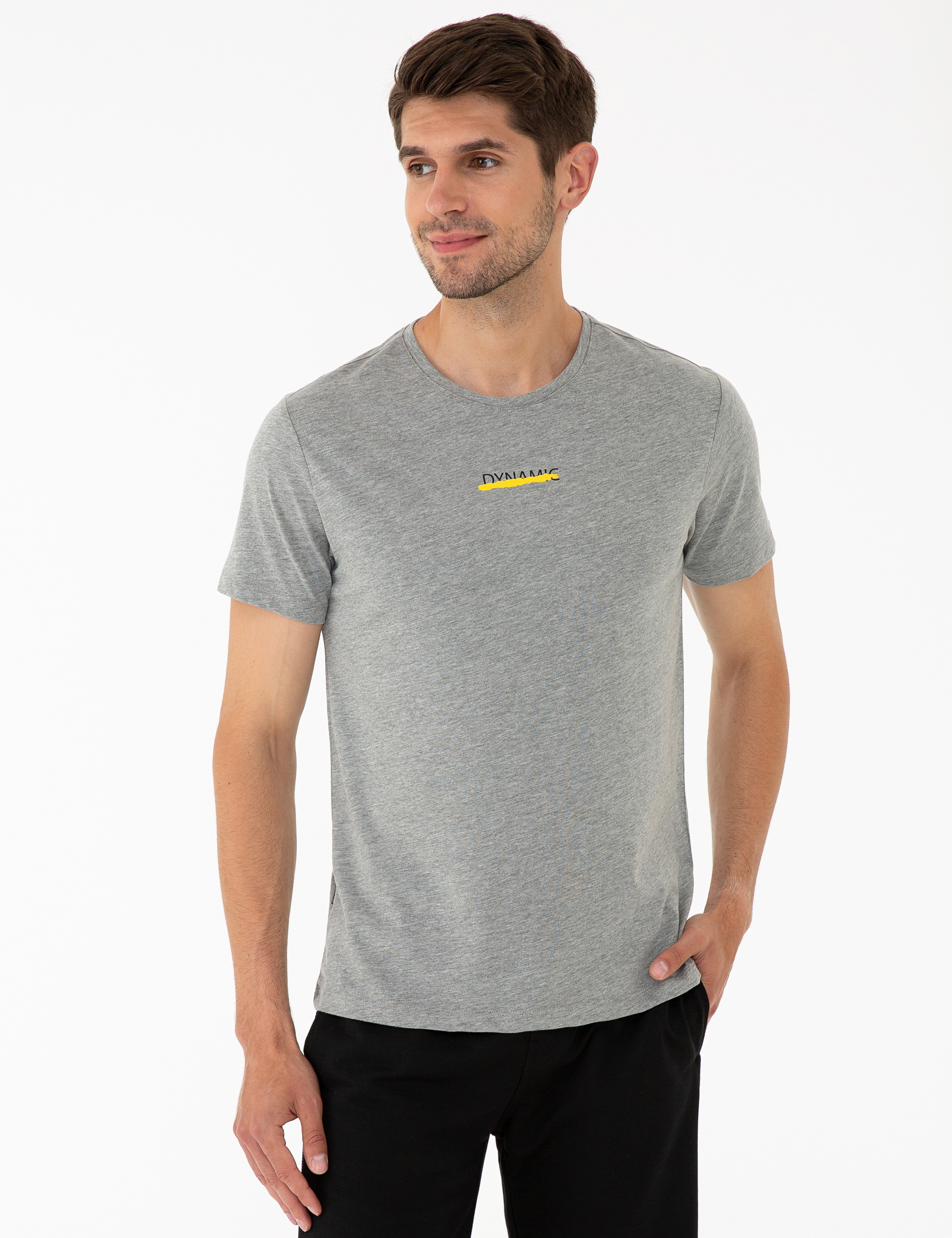 Gri Melanj Slim Fit Dynamic Baskılı Bisiklet Yaka Tişört